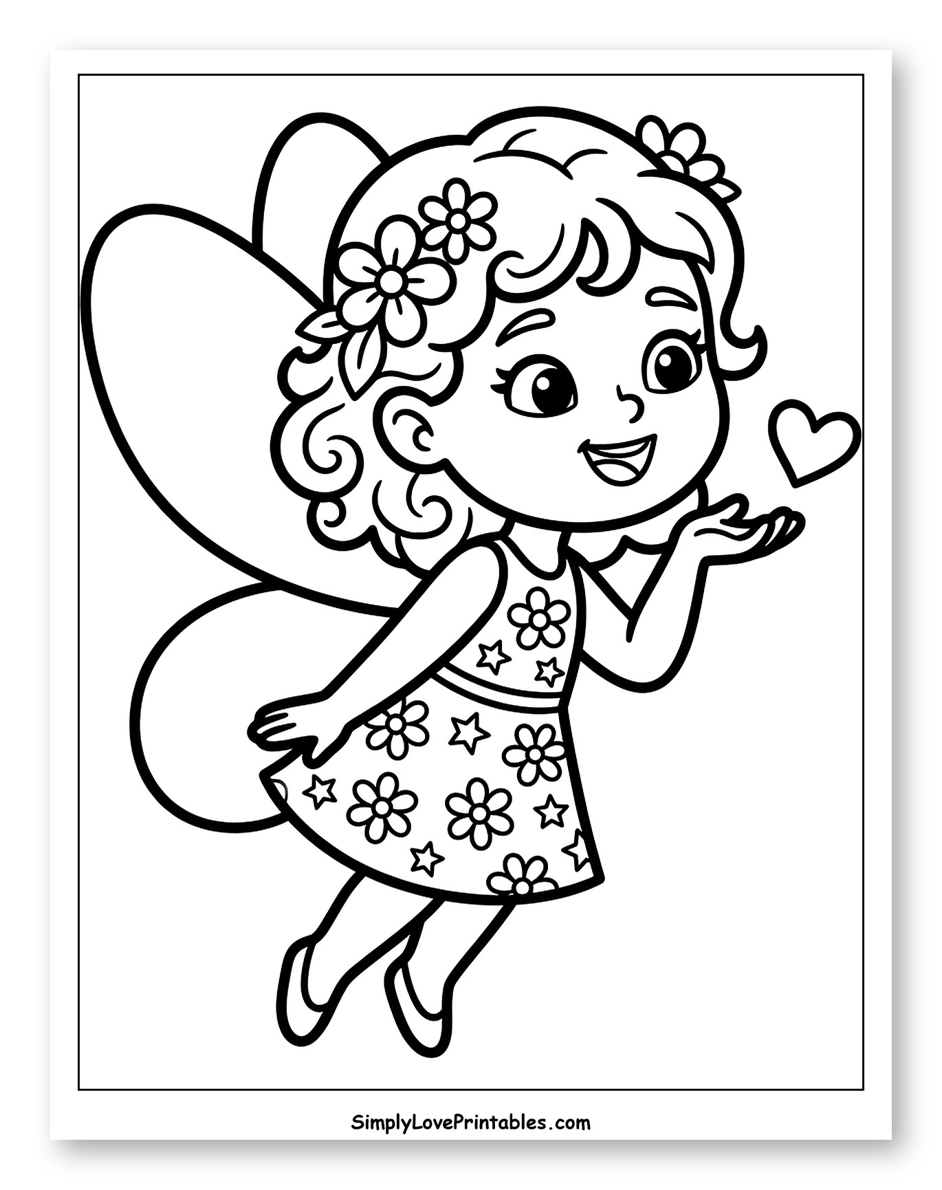 Happy Fairy Sending a Heart Coloring Sheet for Toddlers