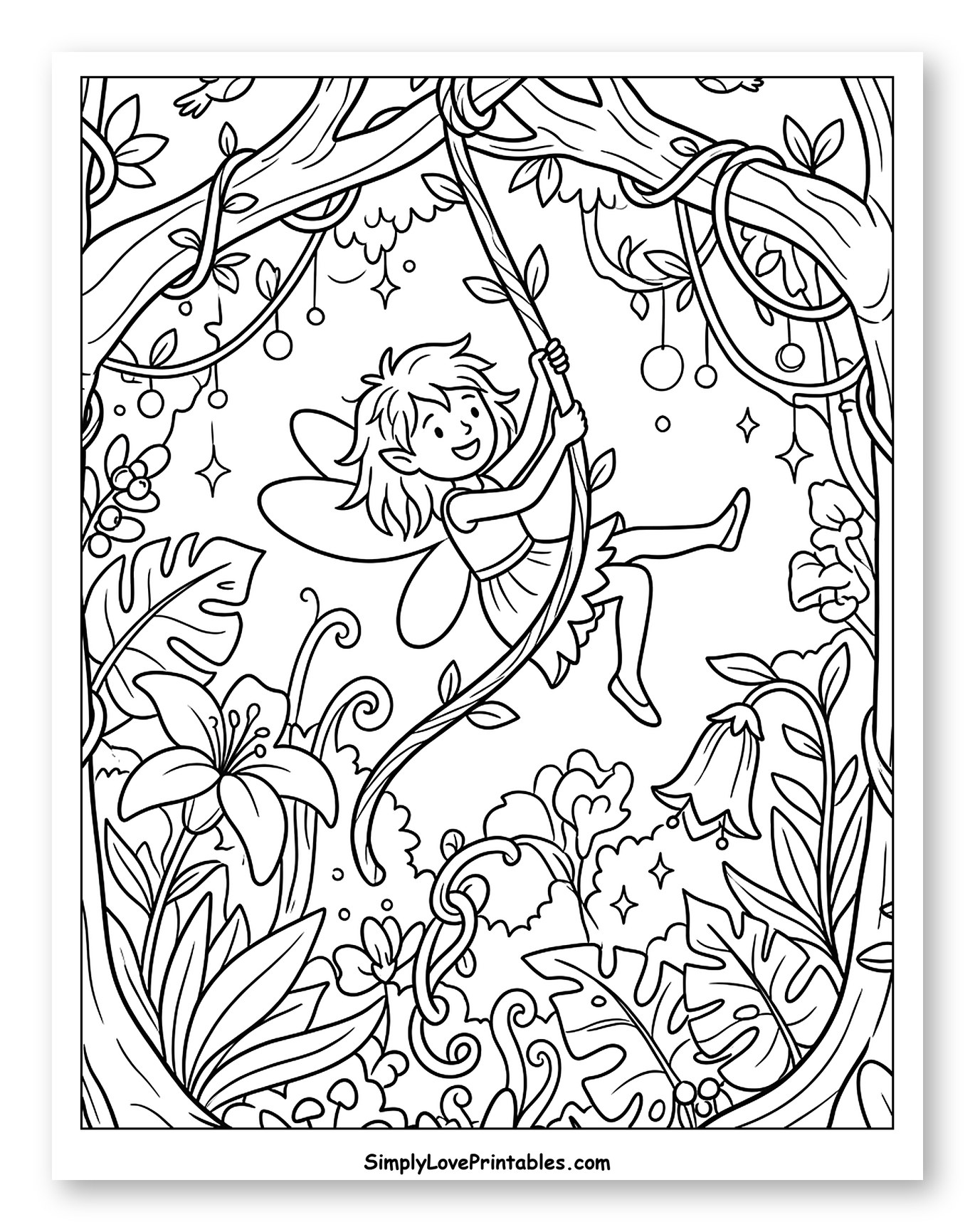Happy Fairy Swinging Through the Trees Coloring Page for Kids