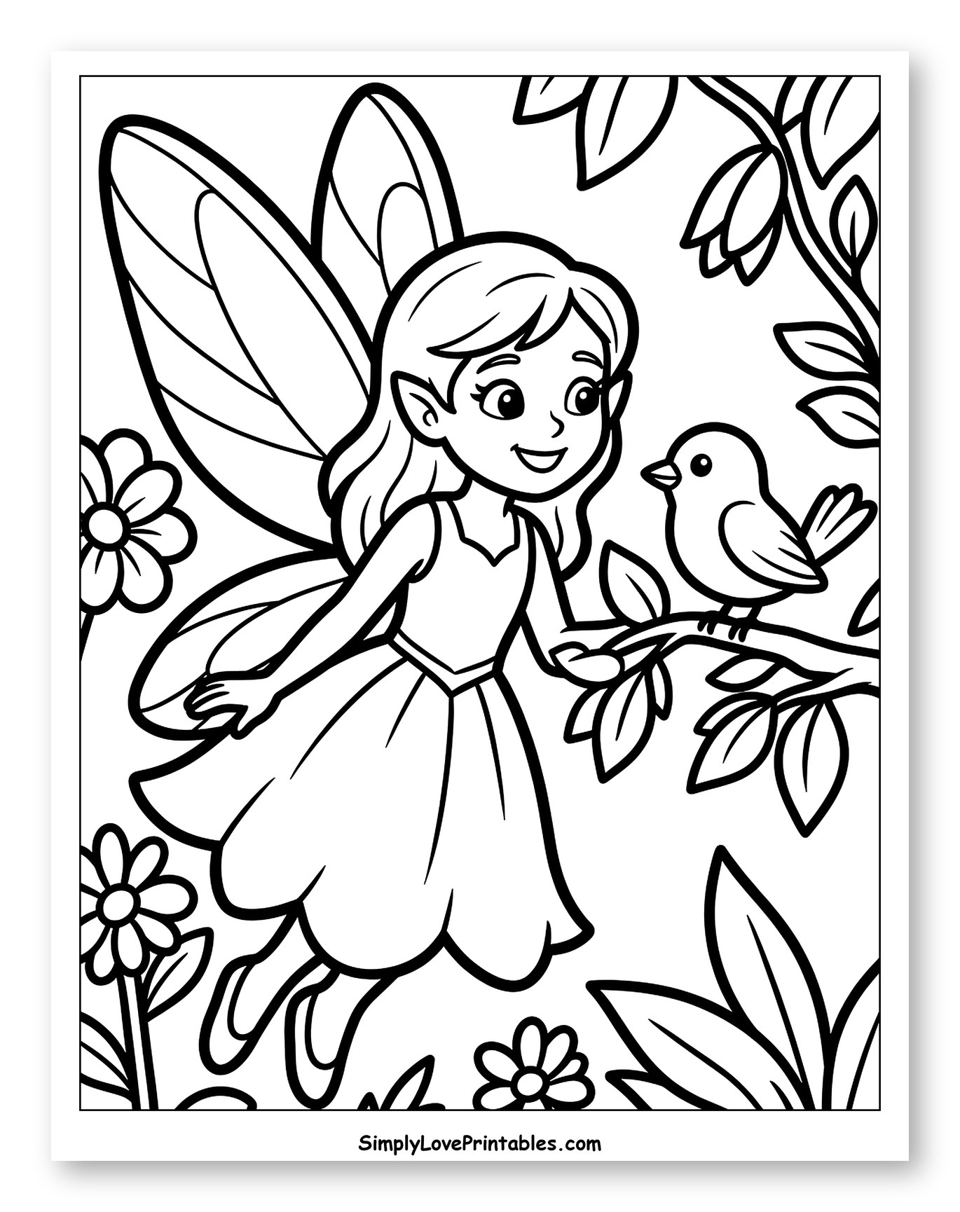 Happy Fairy with Bird in Garden