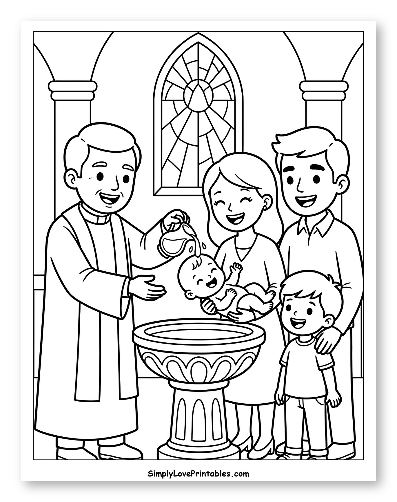 Happy Family Baptizing Their Baby in Church to Color for Kids