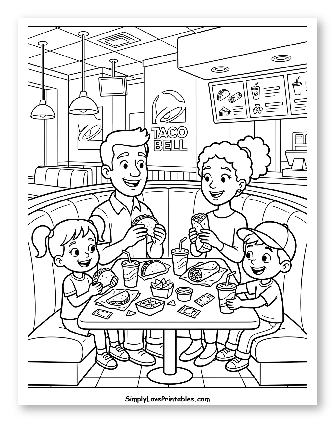 Happy Family Eating at Taco Bell Coloring Page for Kids