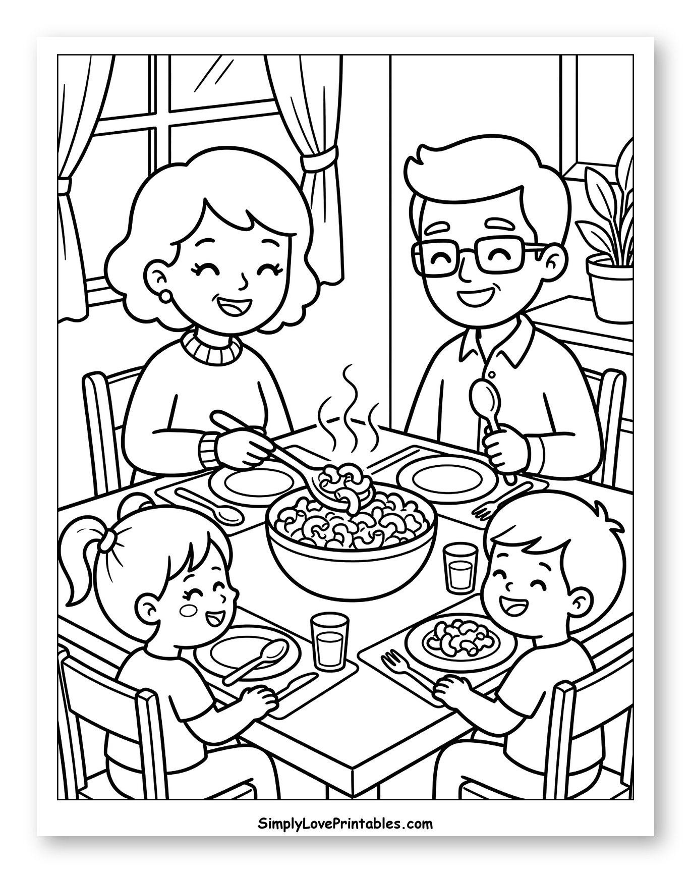 Happy Family Eating Macaroni and Cheese