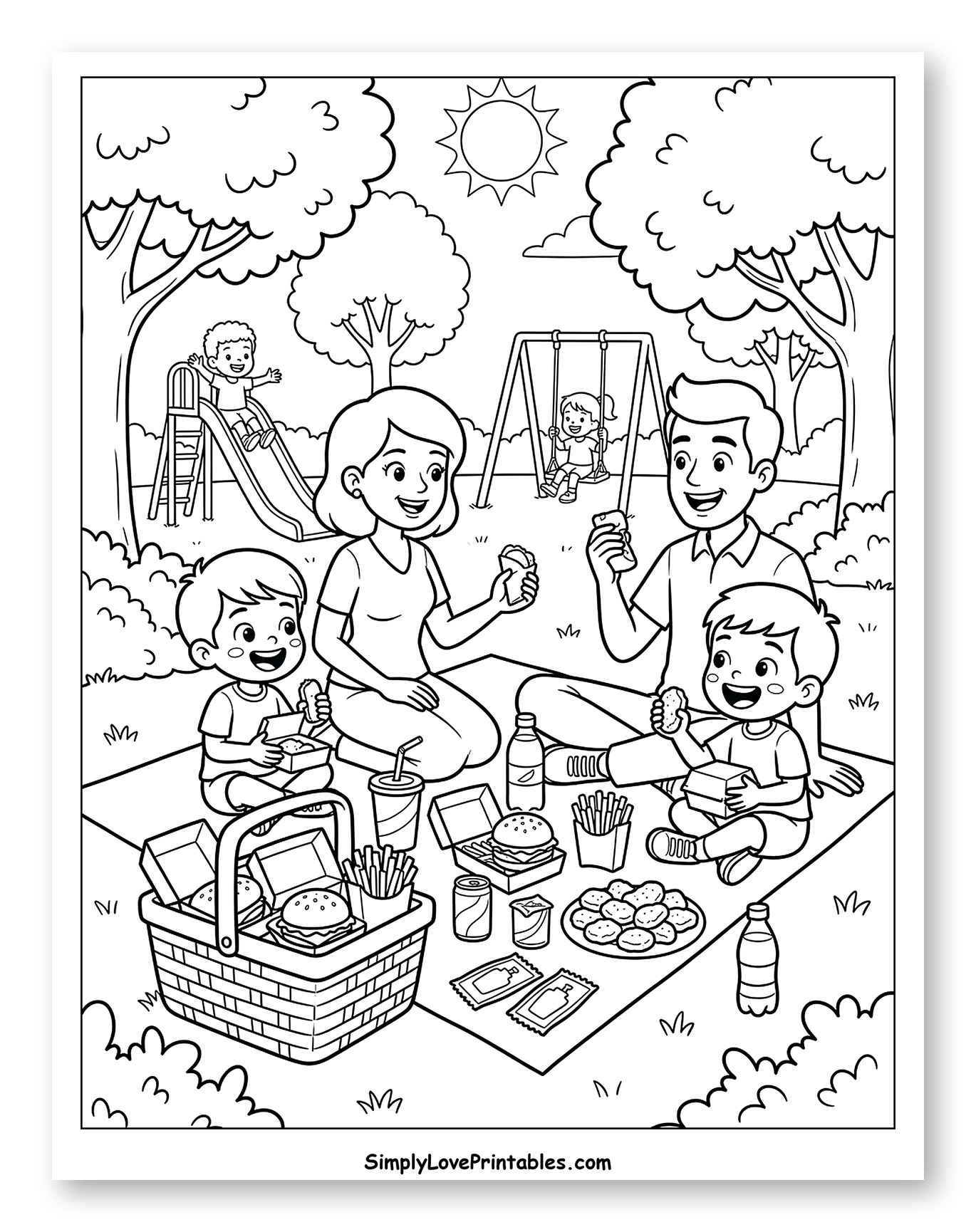 Happy Family Enjoying Fast Food Picnic to Color for Kids