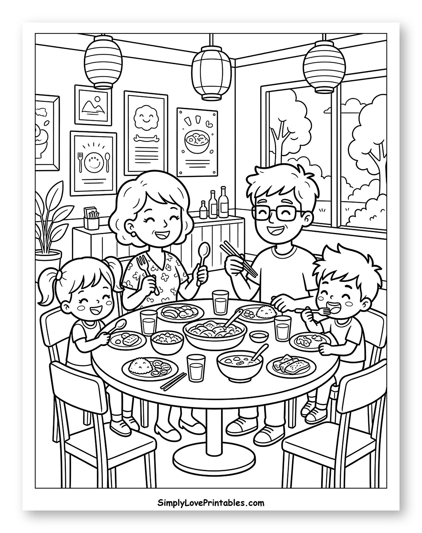 Happy Family Meal at a Restaurant to Color for Kids