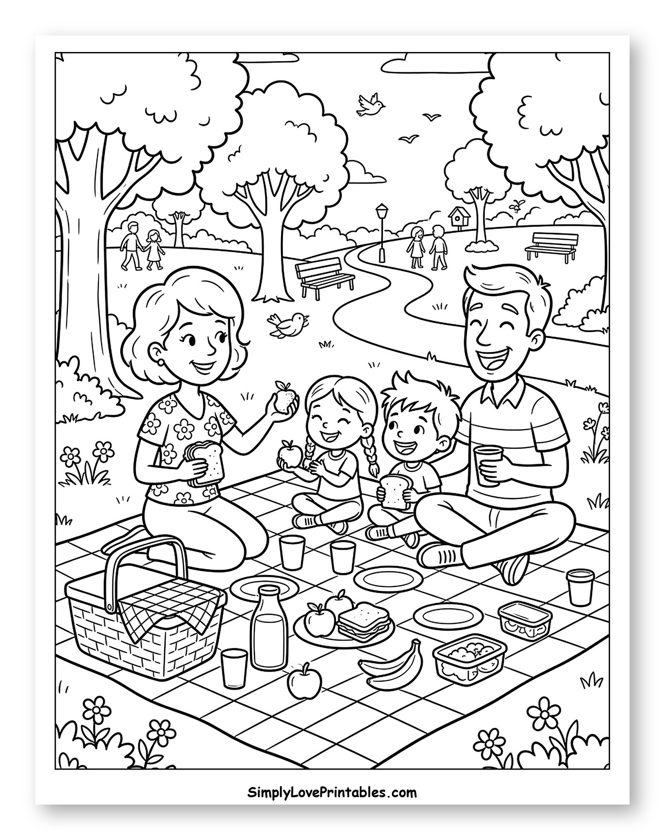 Happy Family Picnic in a Sunny Park Coloring Sheet for Kids
