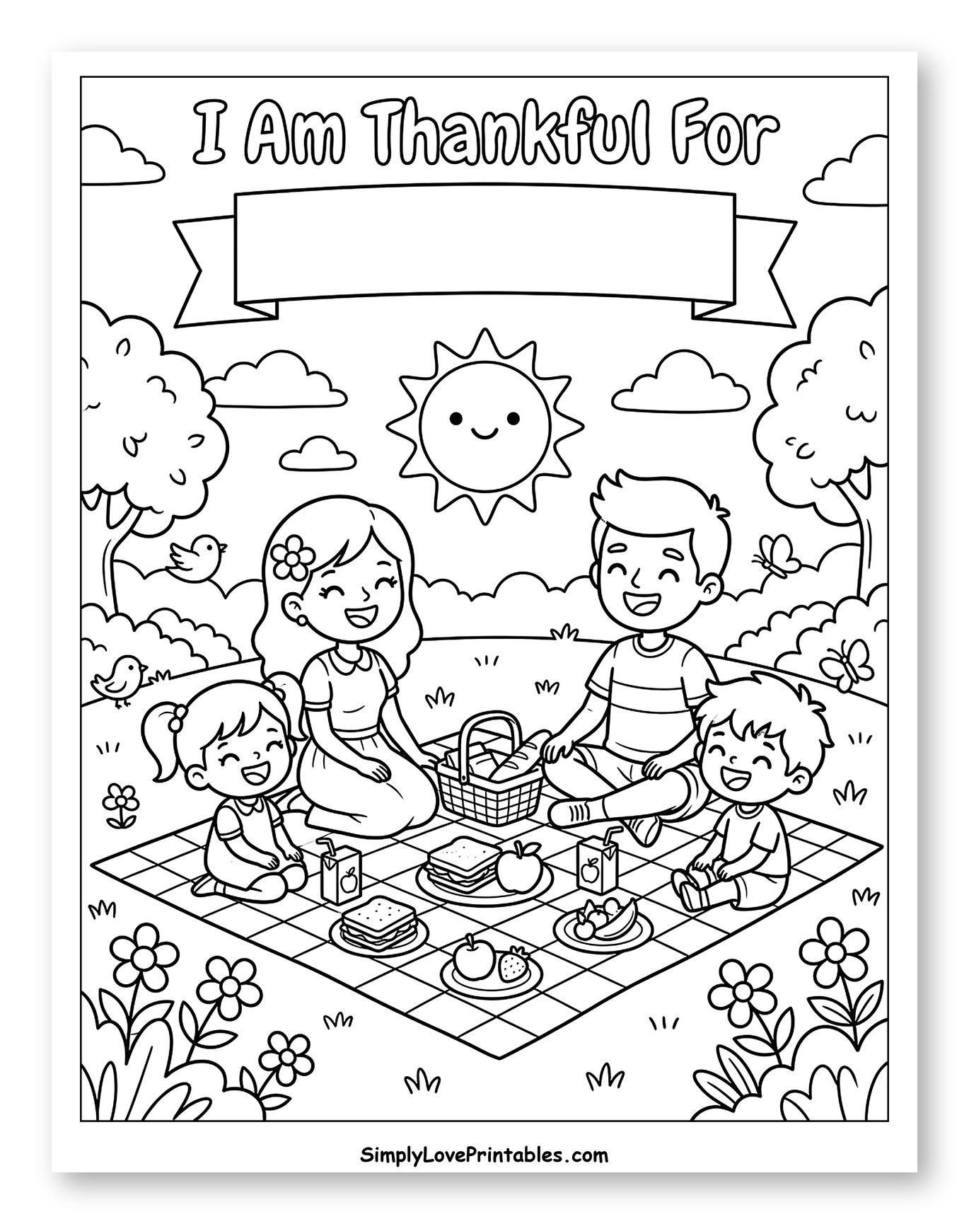 Happy Family Picnic Under a Smiling Sun to Color for Kids