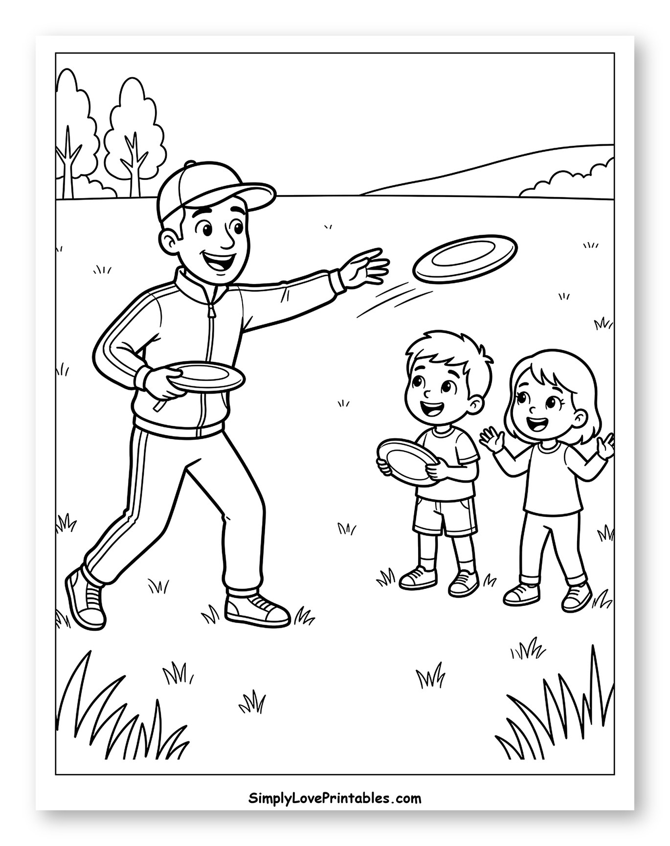 Happy Family Playing Frisbee Outdoors to Color for Kids