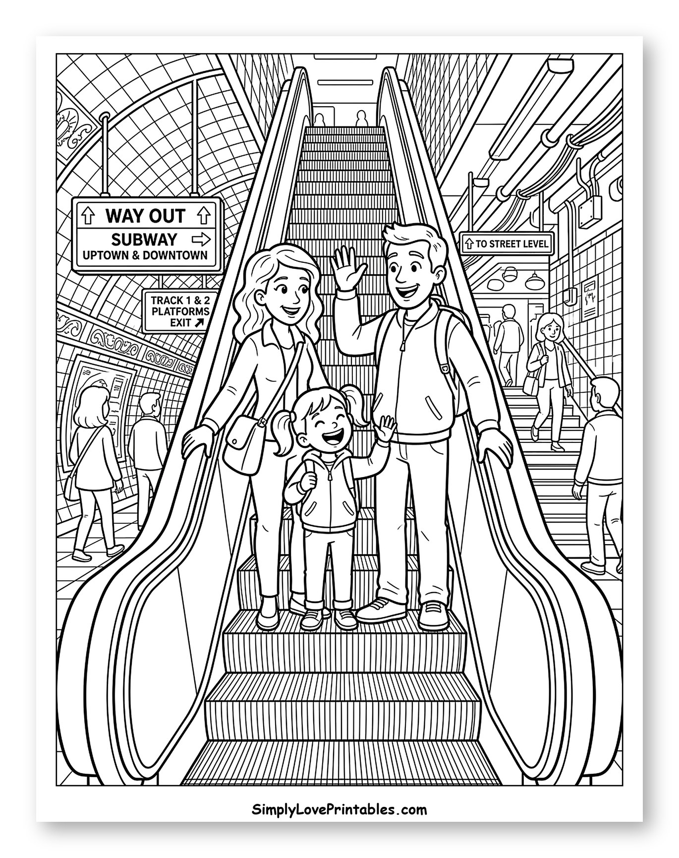 Happy Family Riding Subway Escalator