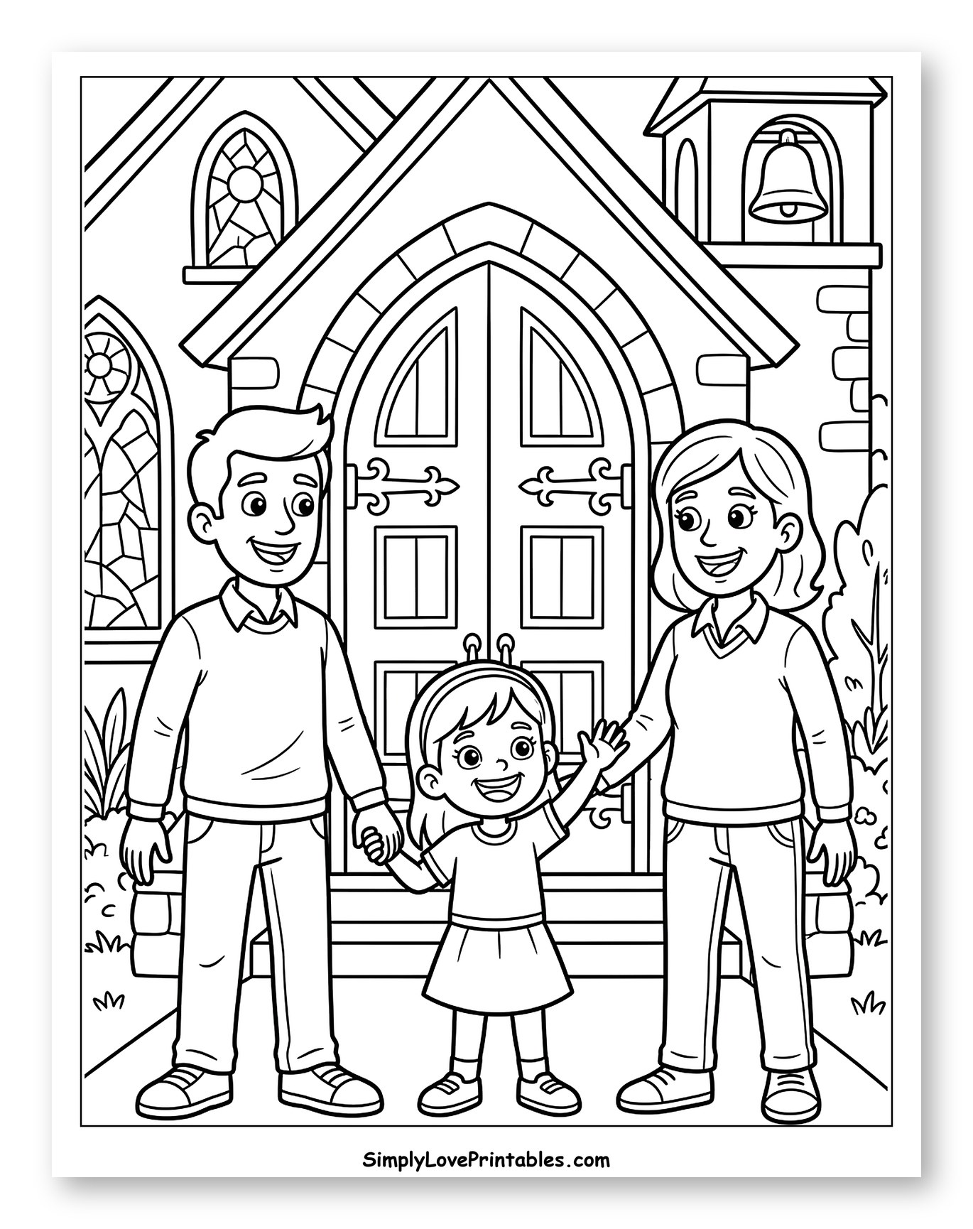 Happy Family Standing in Front of Church Coloring Page for Kids