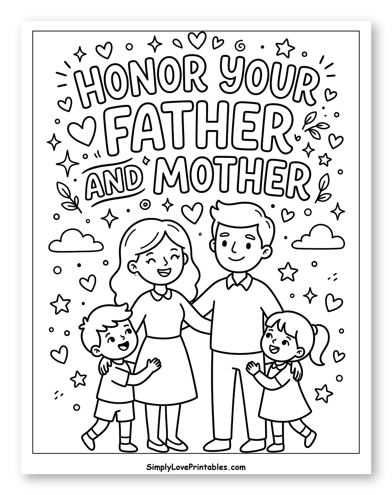Happy Family with Honor Your Parents Quote Coloring Sheet for Adults