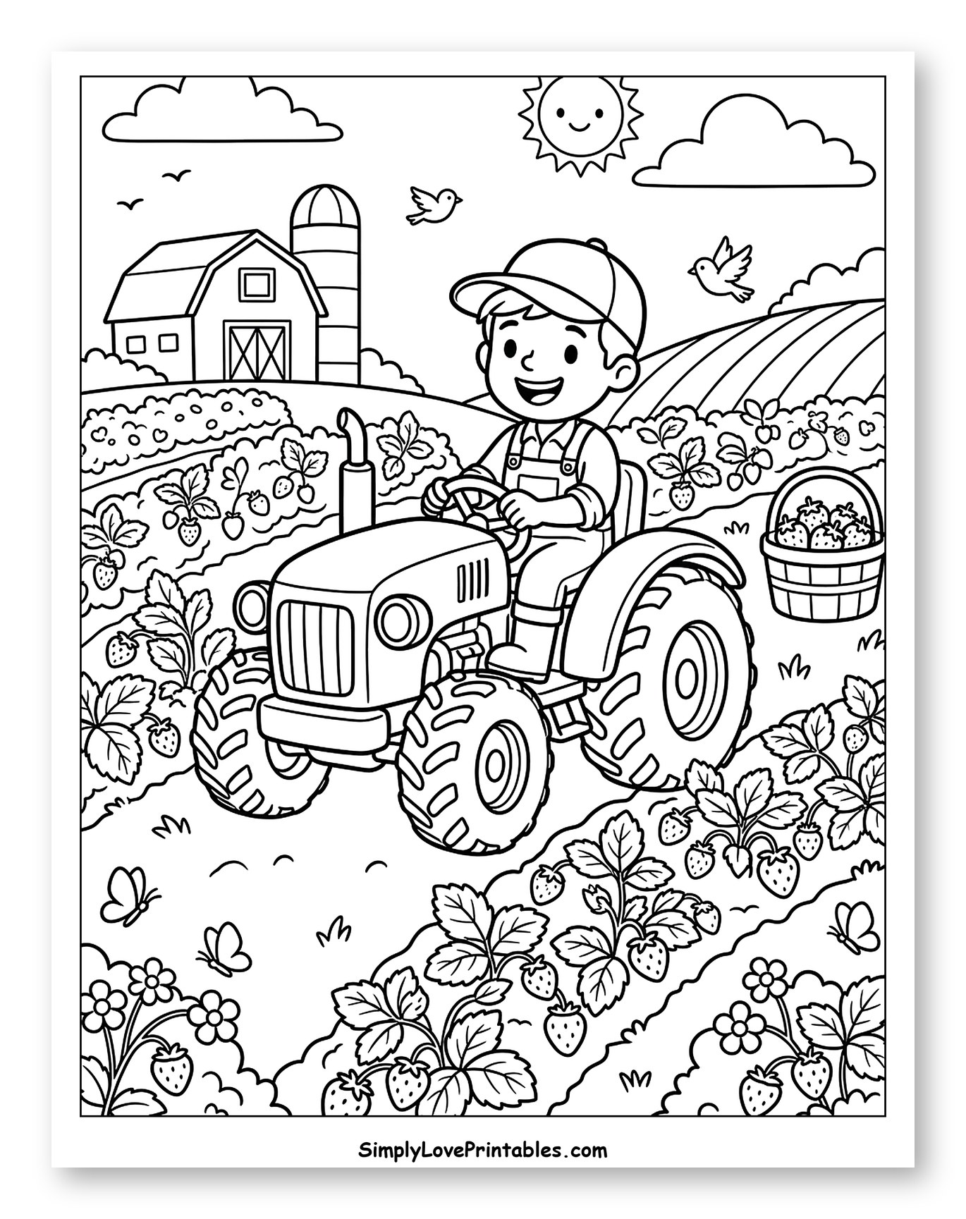 Happy Farmer on Tractor in Strawberry Farm Coloring Page for Kids