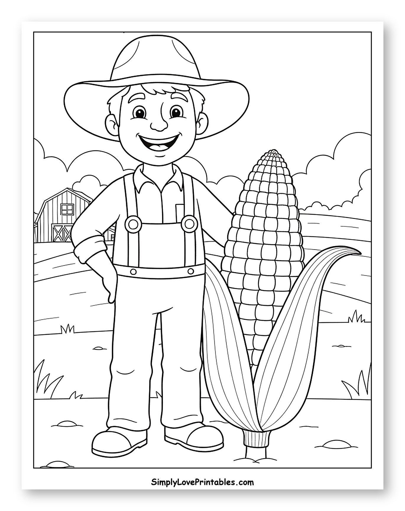 Happy Farmer with Giant Corn and Barn
