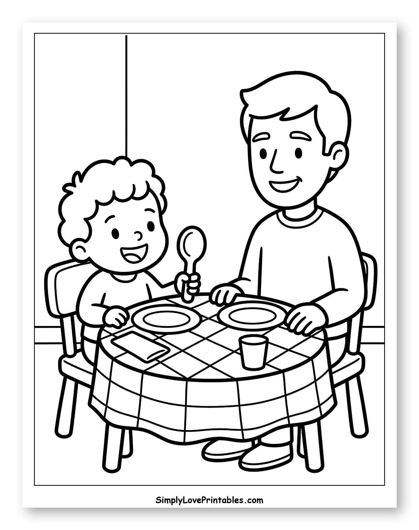 Happy Father and Son Sharing a Meal Coloring Page for Toddlers