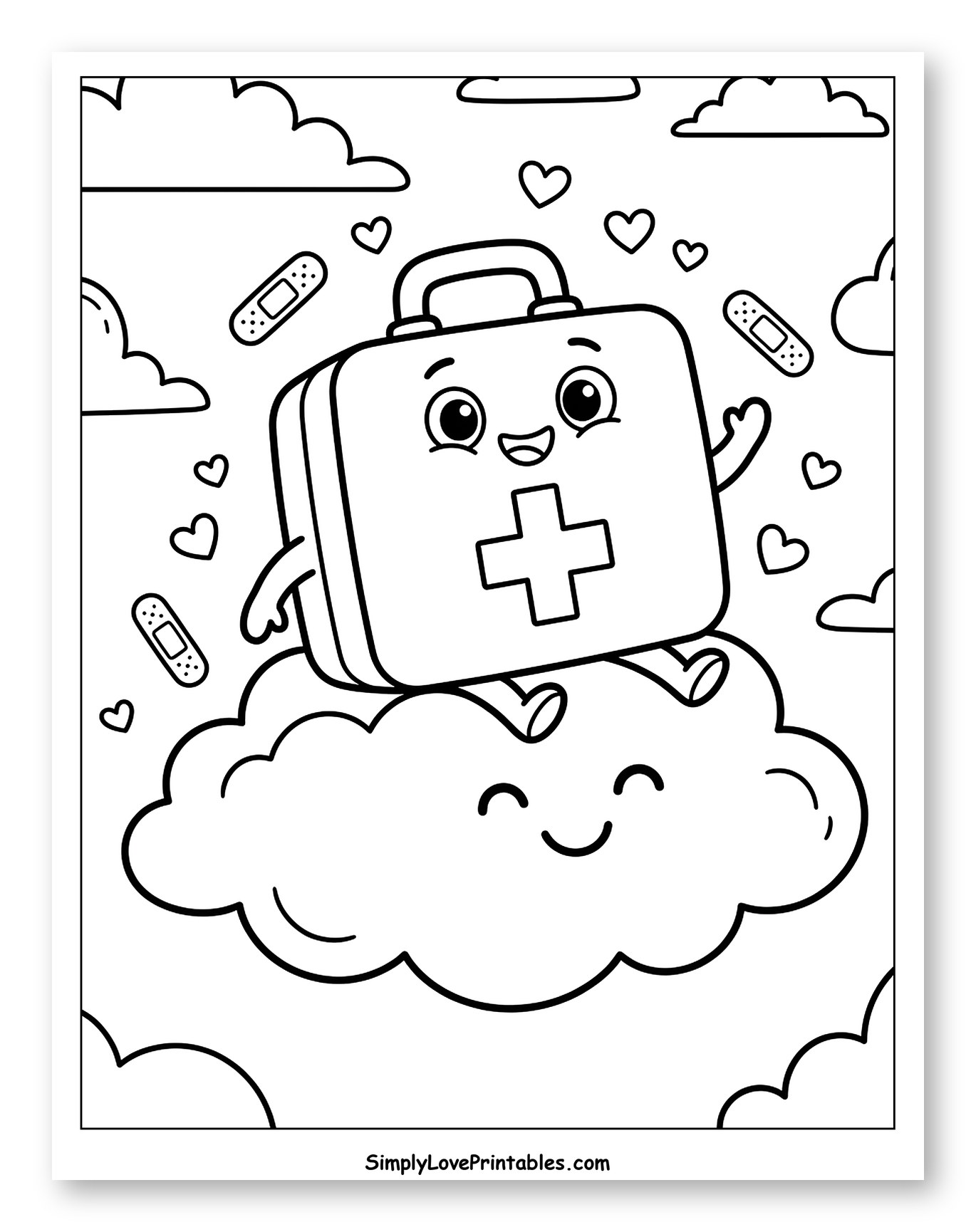 Happy First Aid Kit on a Cloud Coloring Page for Kids