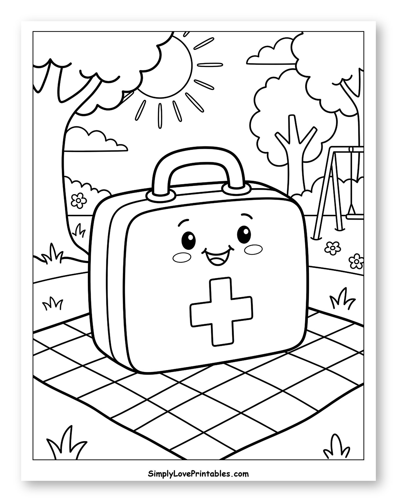 Happy First Aid Kit on a Picnic Blanket Coloring Page for Kids