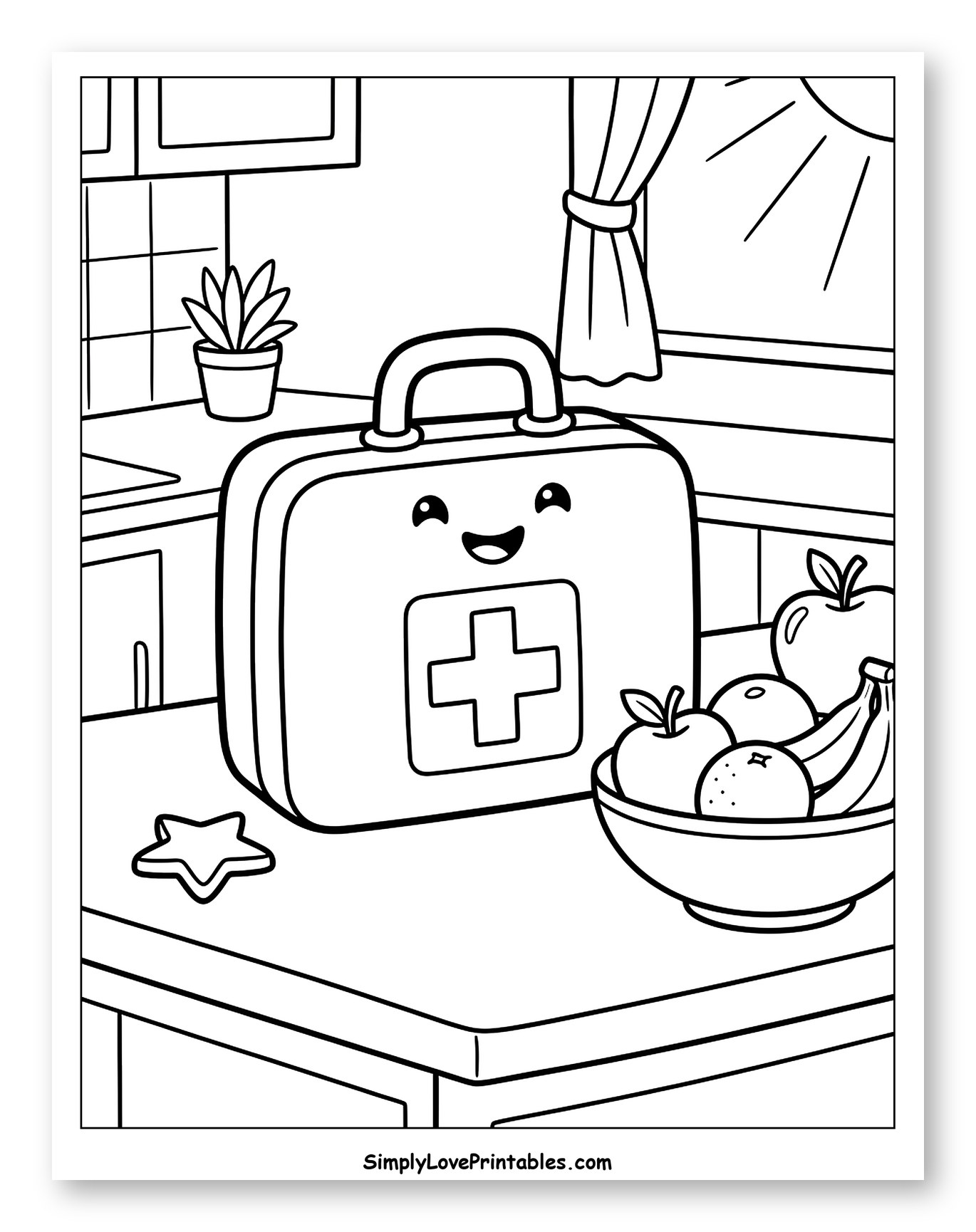 Happy First Aid Kit with Fruit Bowl Coloring Page for Kids
