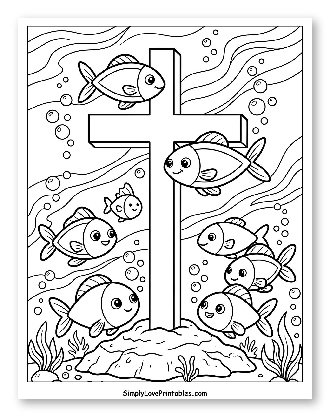 Happy Fish Around a Cross Under the Sea Coloring Page for Kids