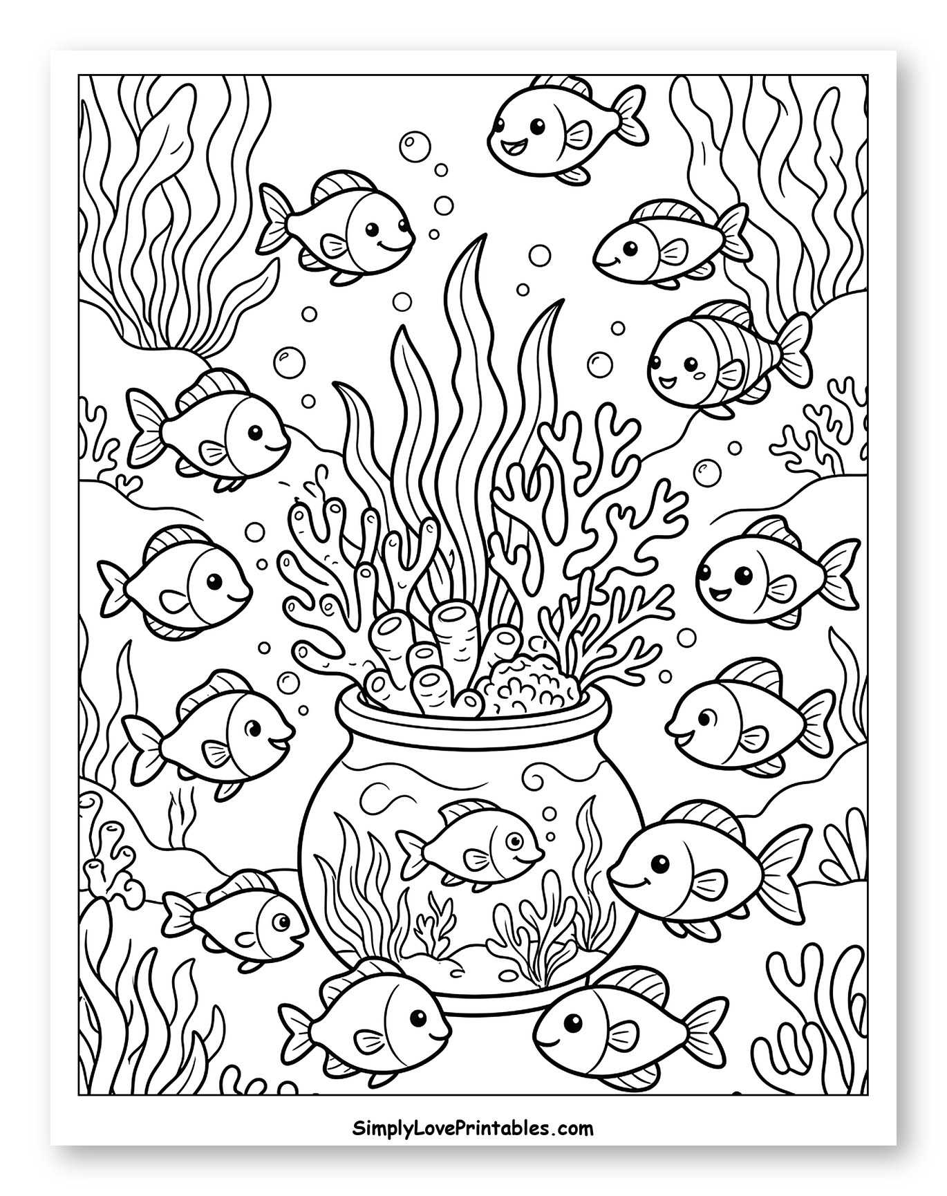 Happy Fish Swimming Near a Vase to Color for Kids
