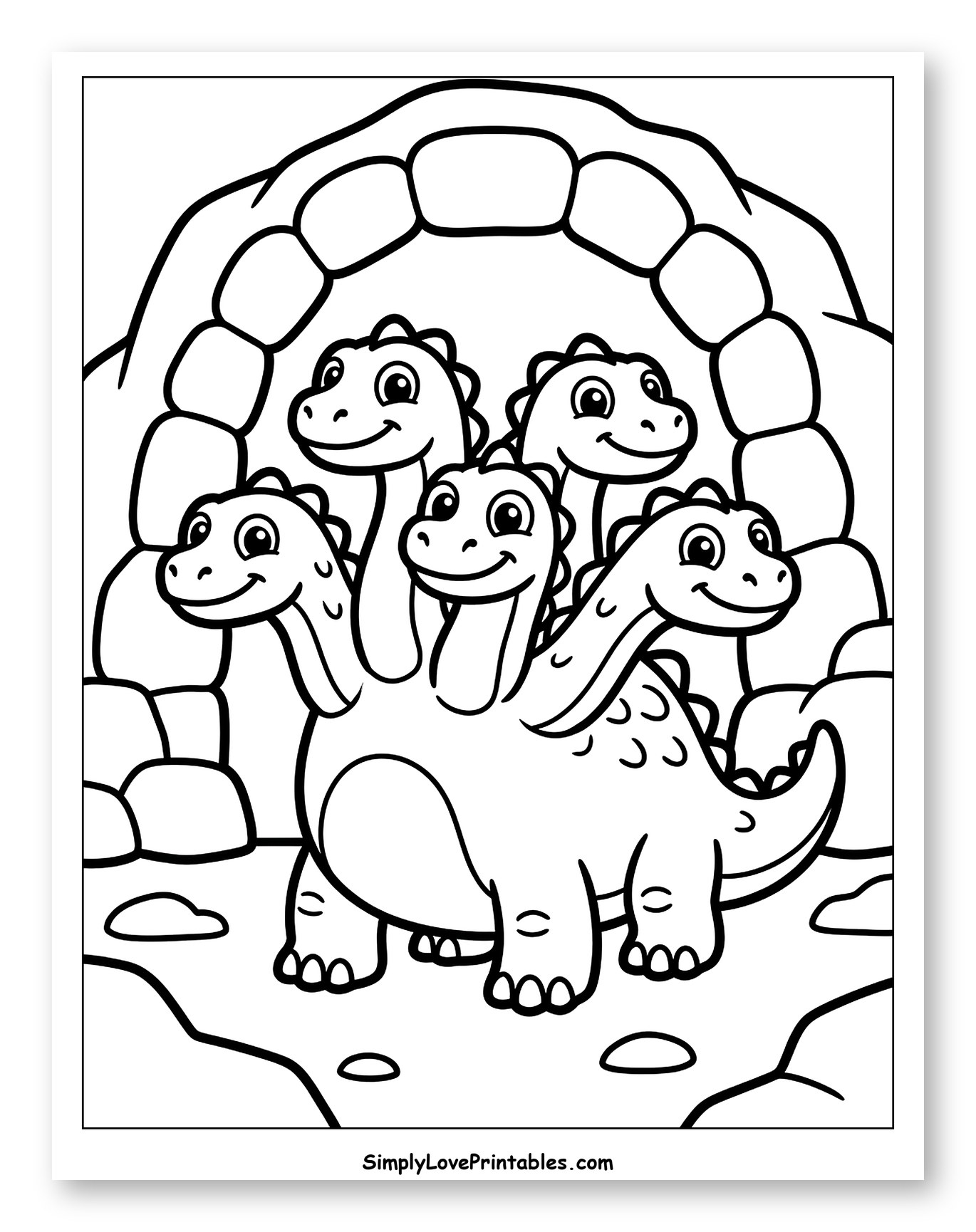 Happy Five-Headed Dinosaur Family in Cave