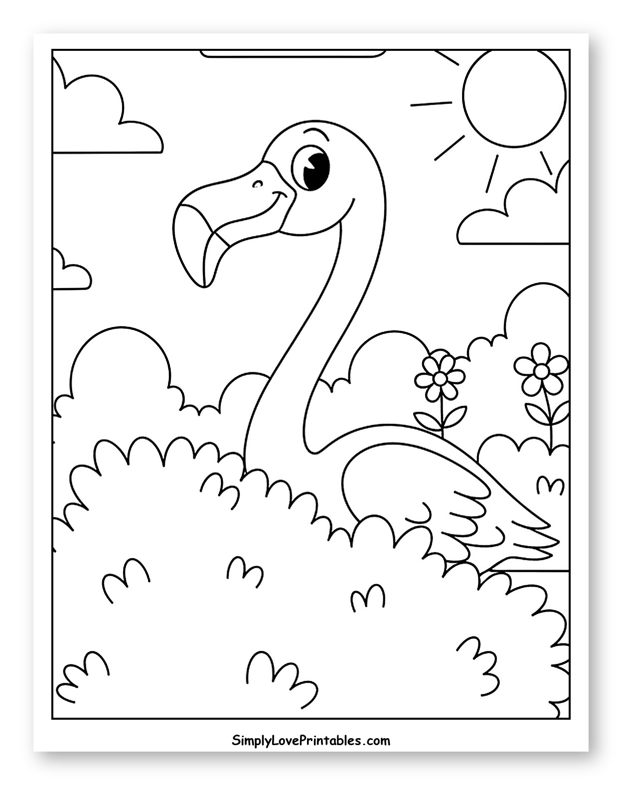 Happy Flamingo in a Bush with Sun