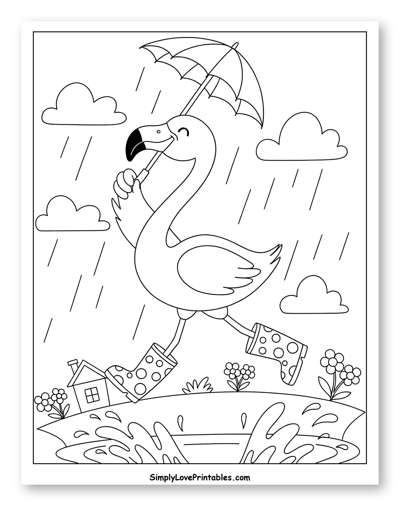 Happy Flamingo Splashing in Rain Puddles Coloring Page for Kids