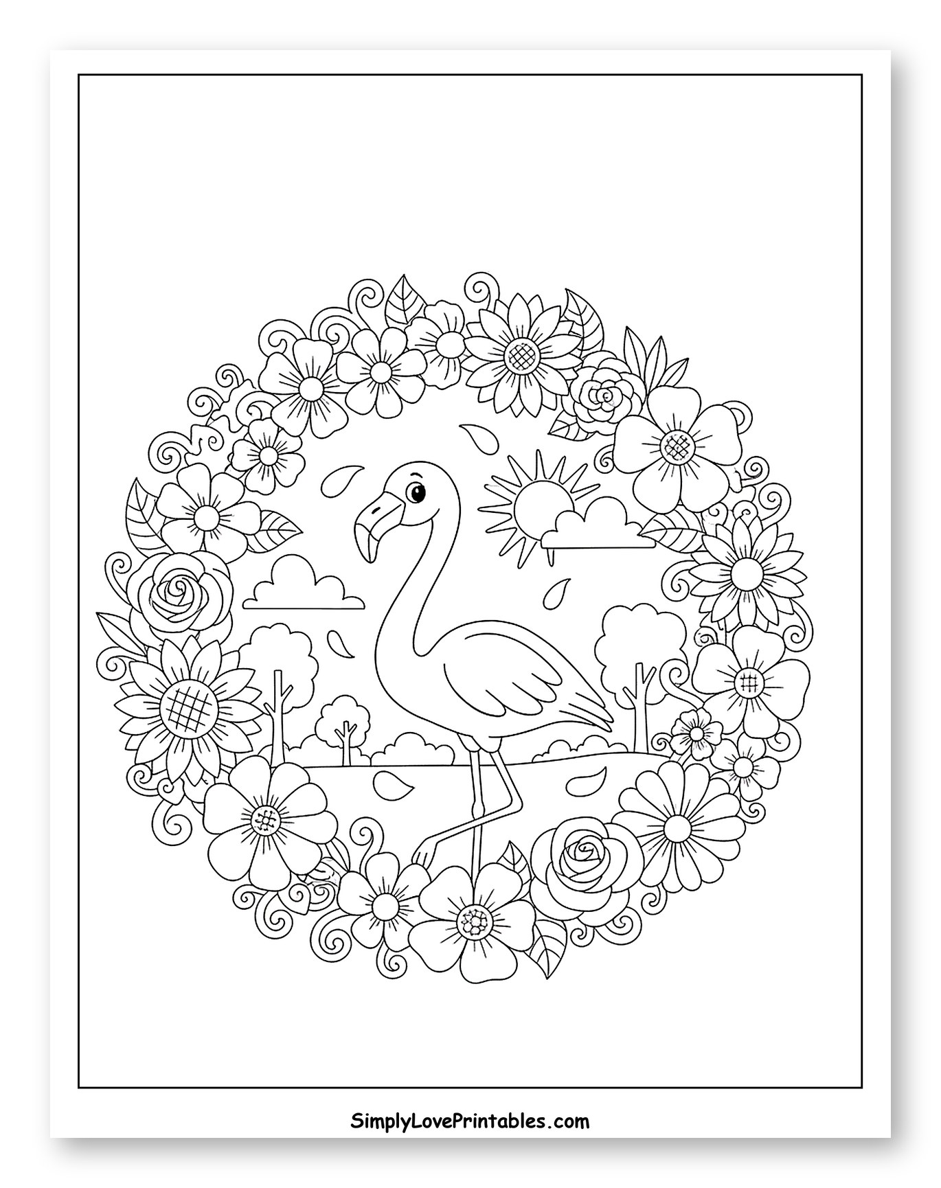 Happy Flamingo Surrounded by Flowers