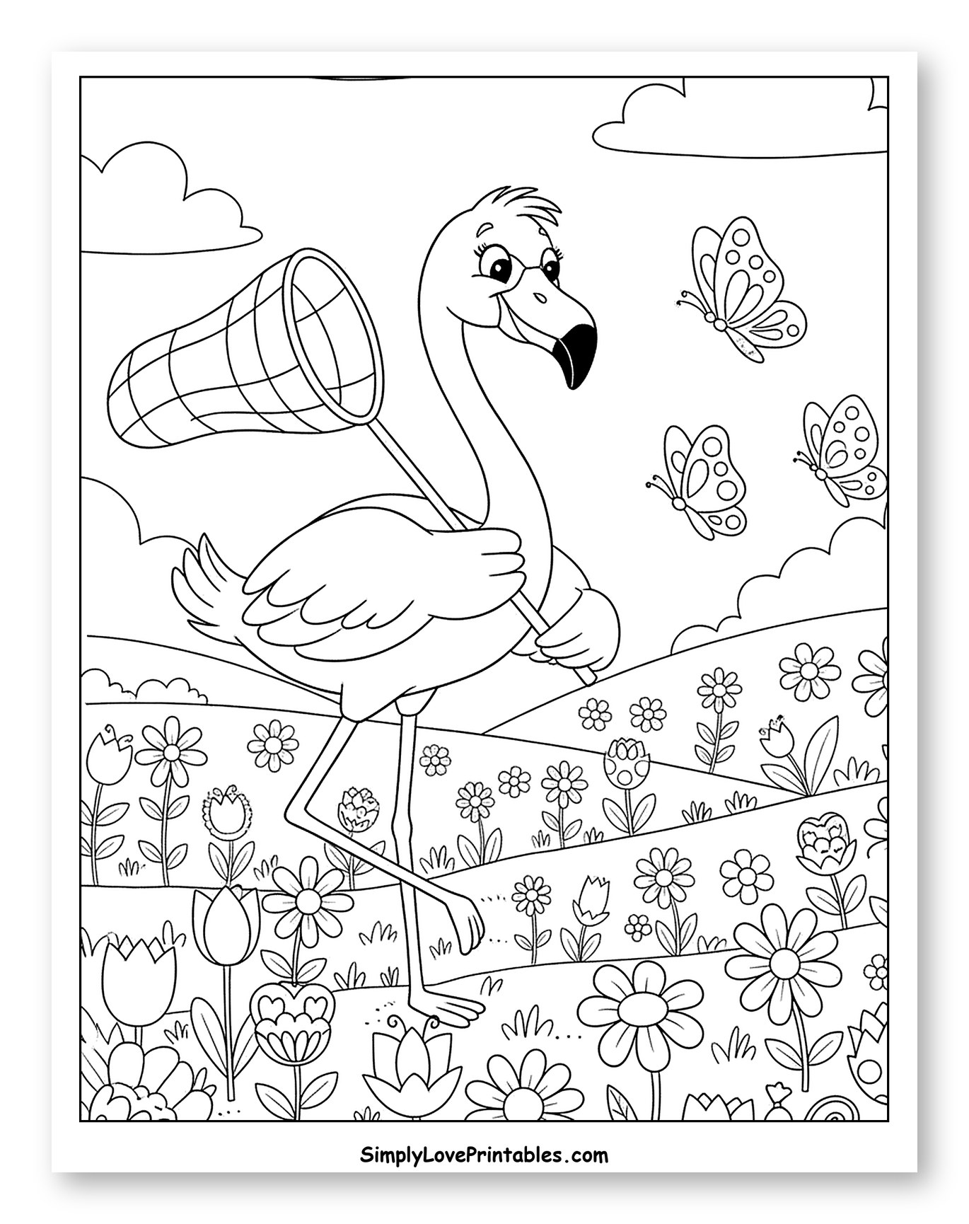 Happy Flamingo with Butterfly Net in Flower Field