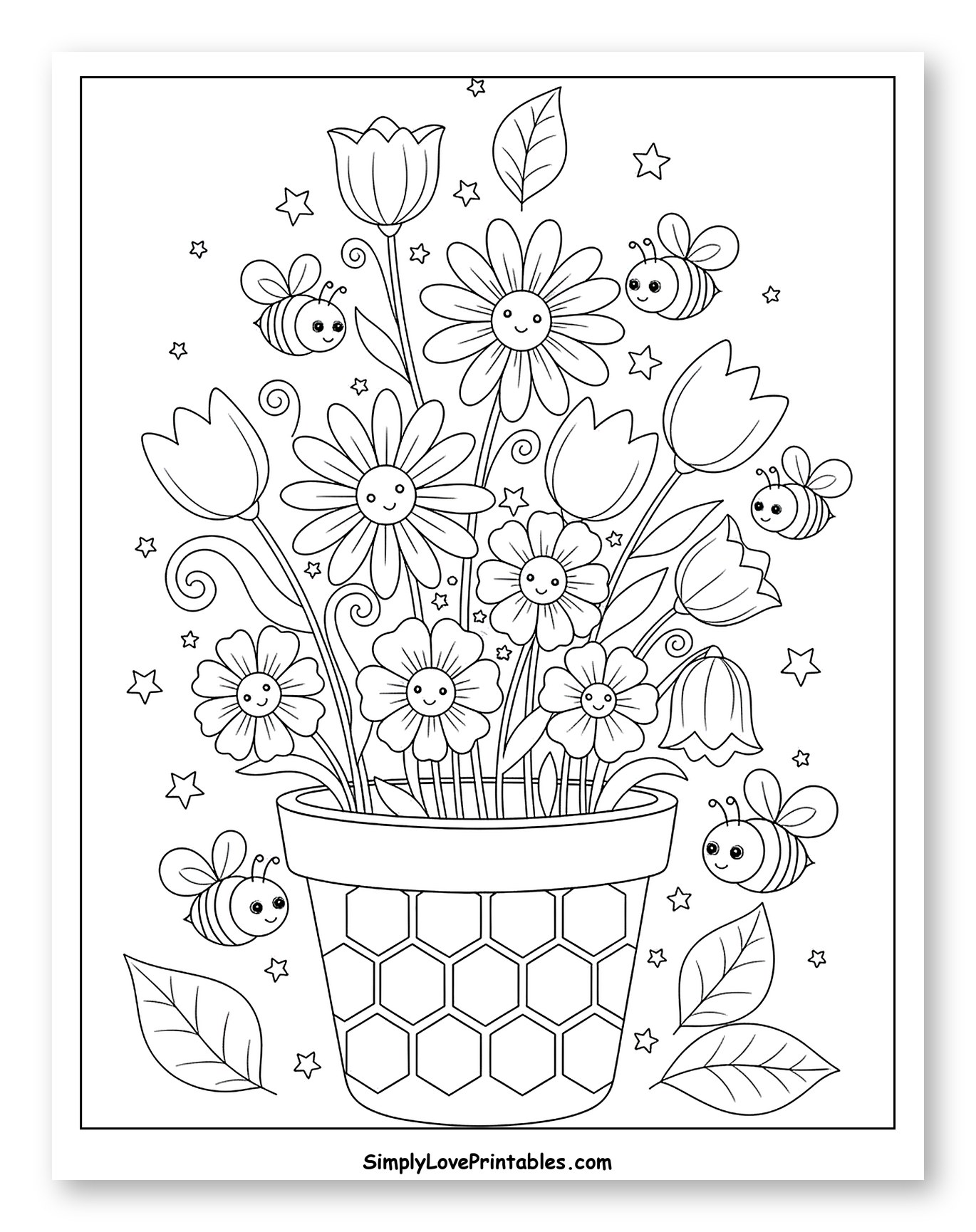 Happy Flowers and Bees in Honeycomb Pot