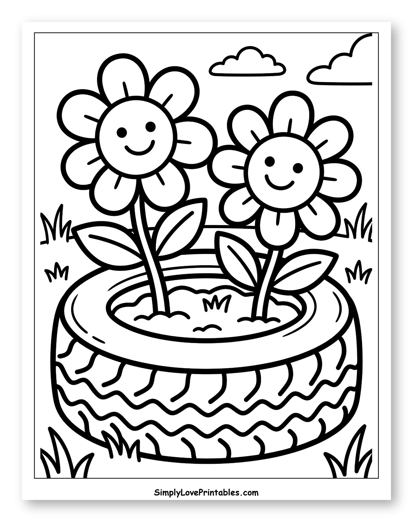Happy Flowers in a Recycled Tire Planter Coloring Page for Toddlers