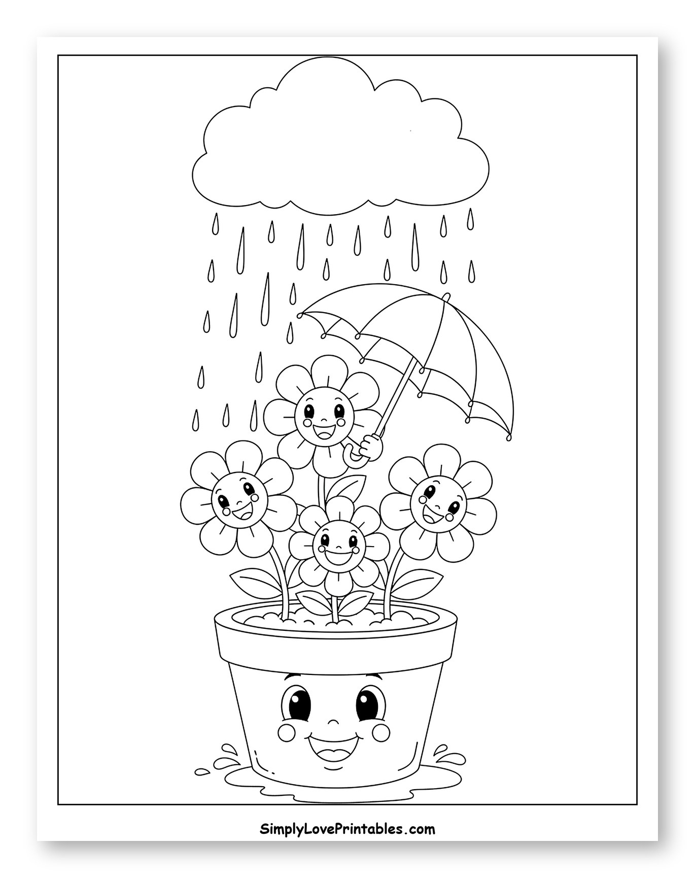 Happy Flowers in Pot Under Umbrella Rain to Color for Kids