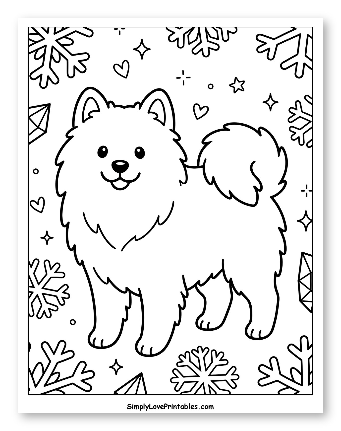 Happy Fluffy Dog with Snowflakes and Crystals
