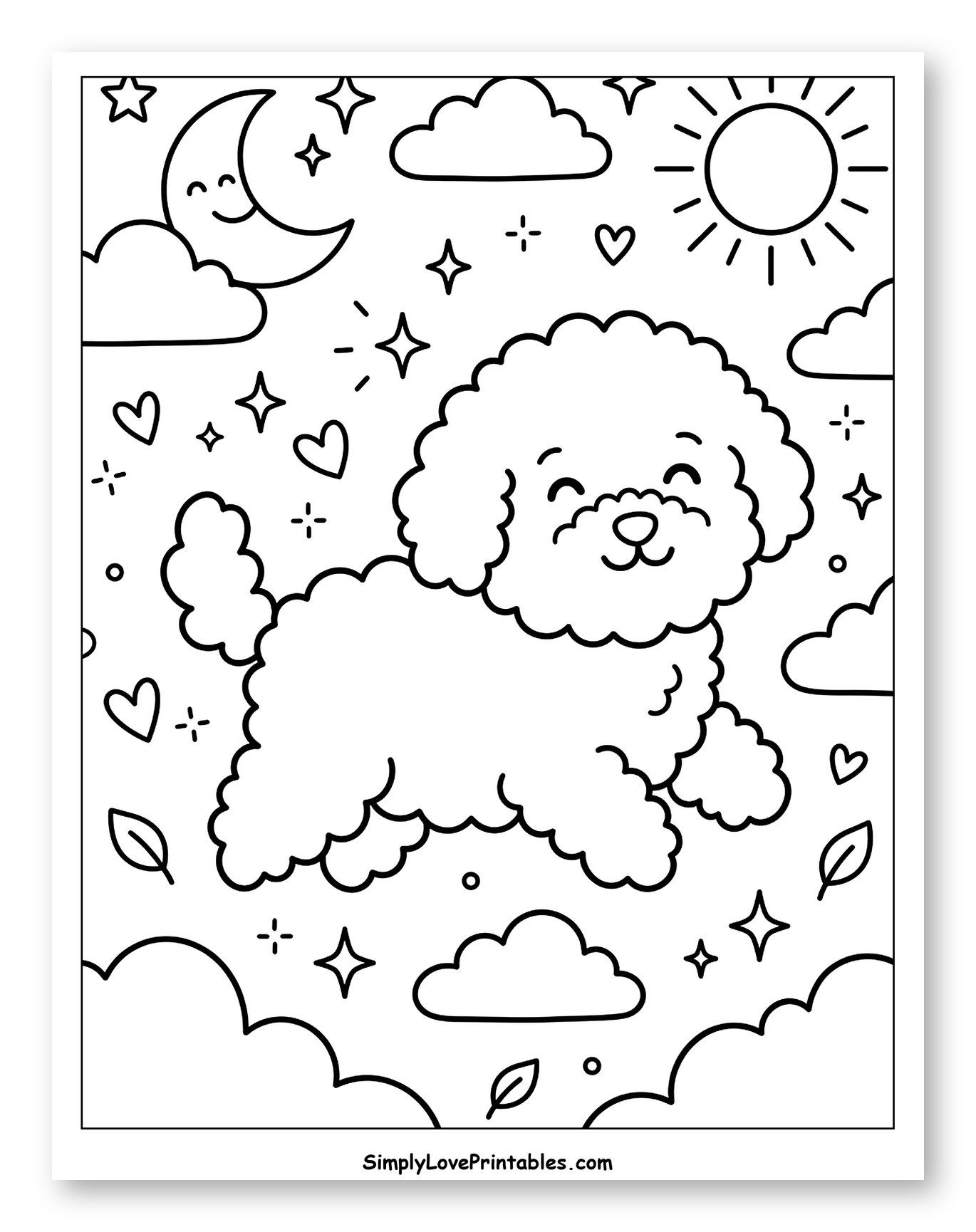 Happy Fluffy Poodle Among Clouds and Stars to Color for Adults