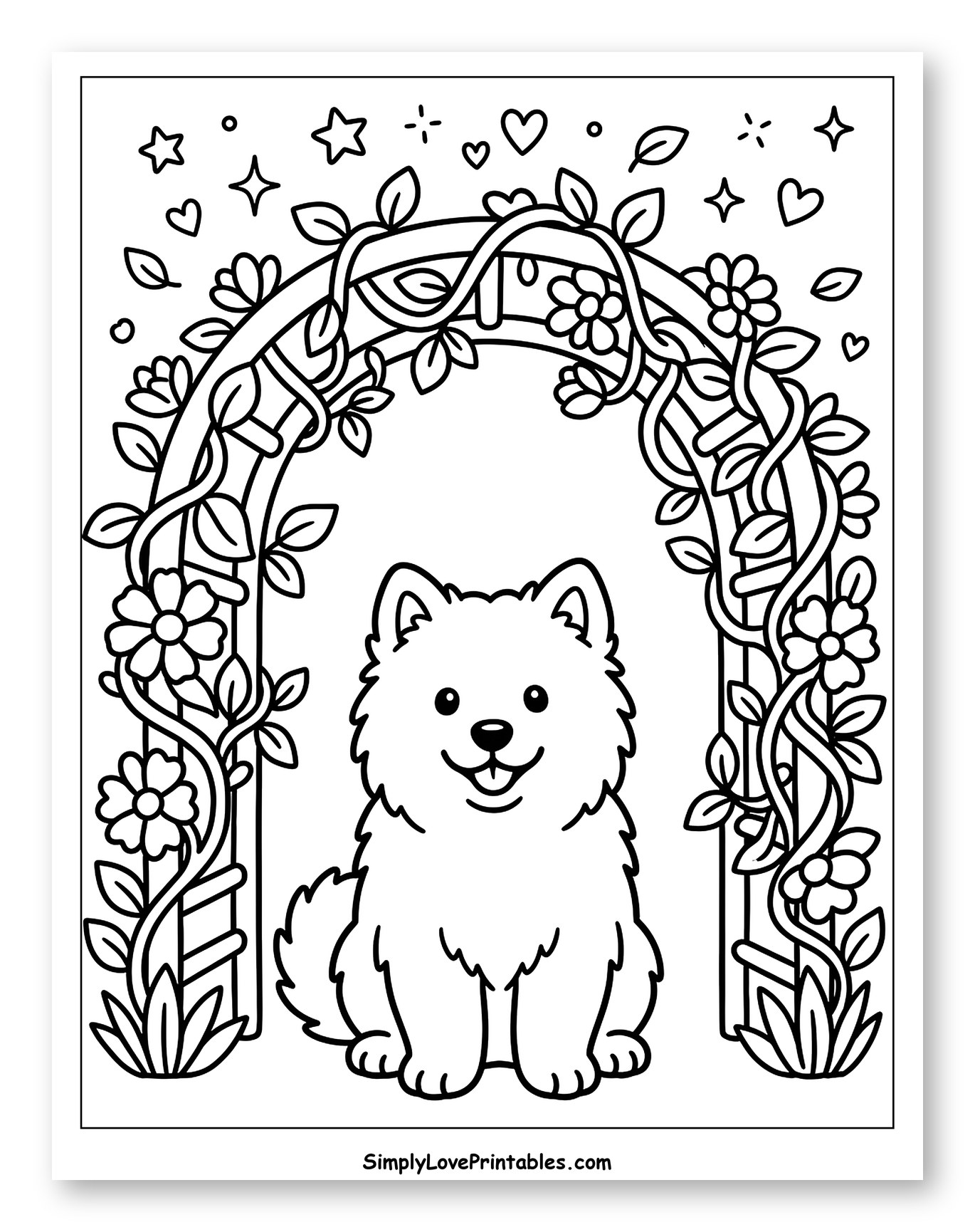 Happy Fluffy Puppy Under a Garden Arch Coloring Page for Adults