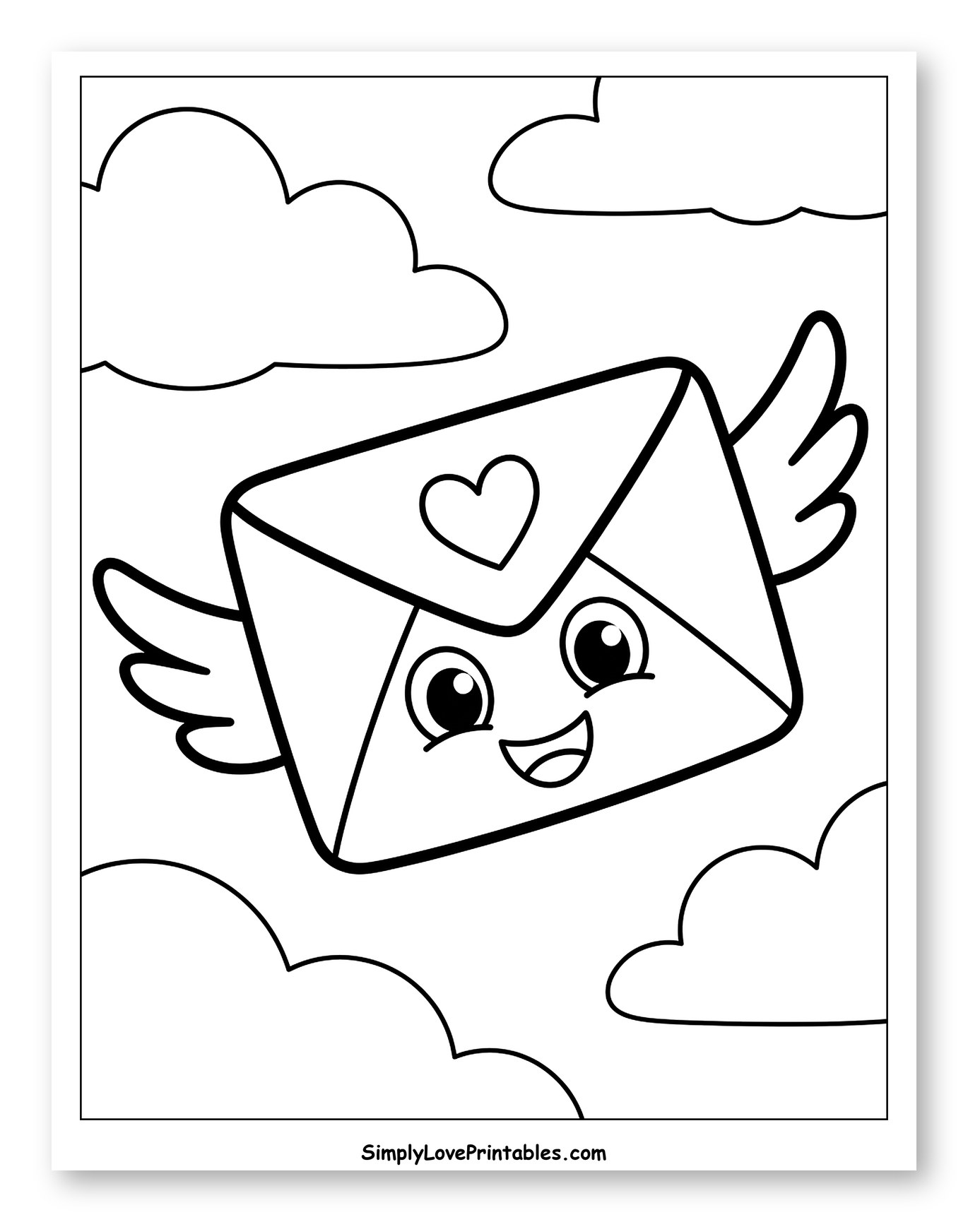 Happy Flying Envelope with Heart and Wings Coloring Sheet for Toddlers