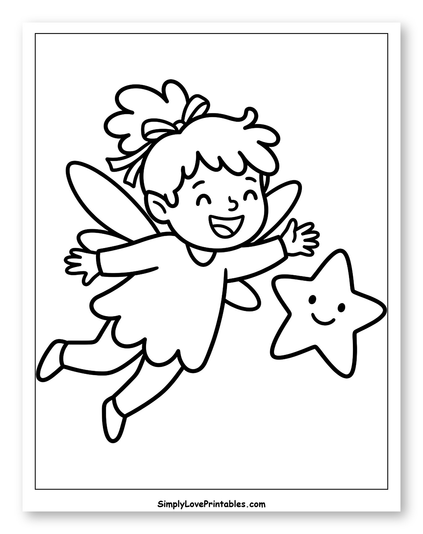 Happy Flying Pixie Reaching for a Star Coloring Sheet for Toddlers