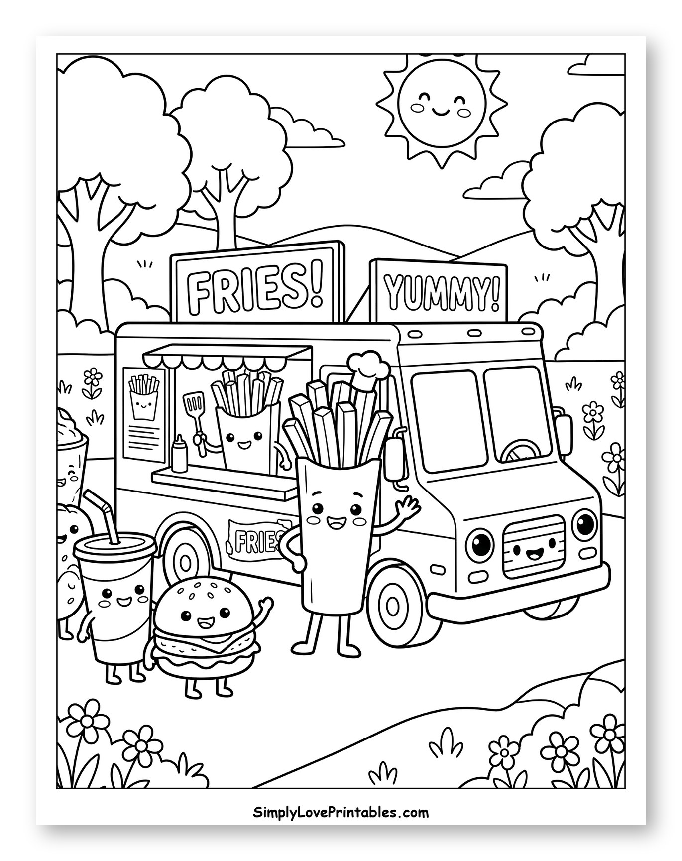 Happy Food Truck with Fries and Friends Coloring Sheet for Kids