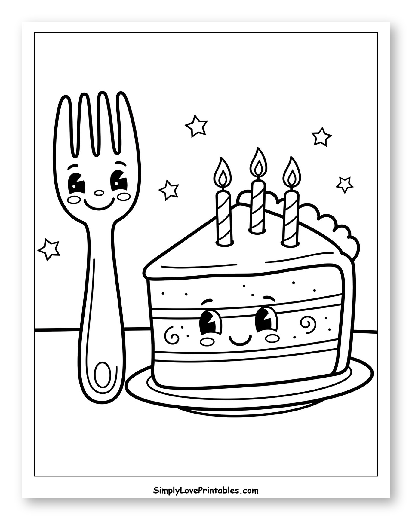 Happy Fork and Birthday Cake Slice to Color for Toddlers