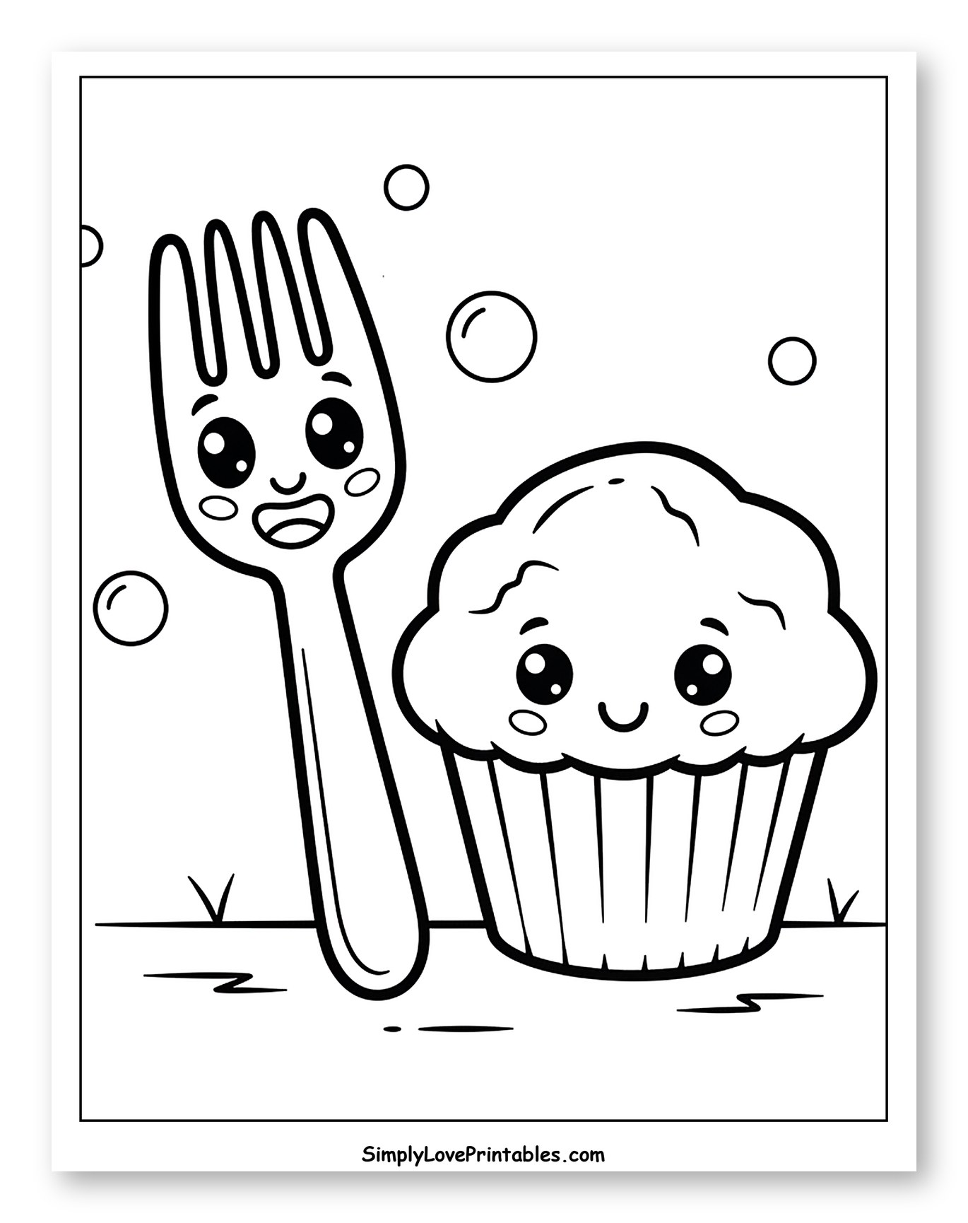 Happy Fork and Cupcake with Bubbles