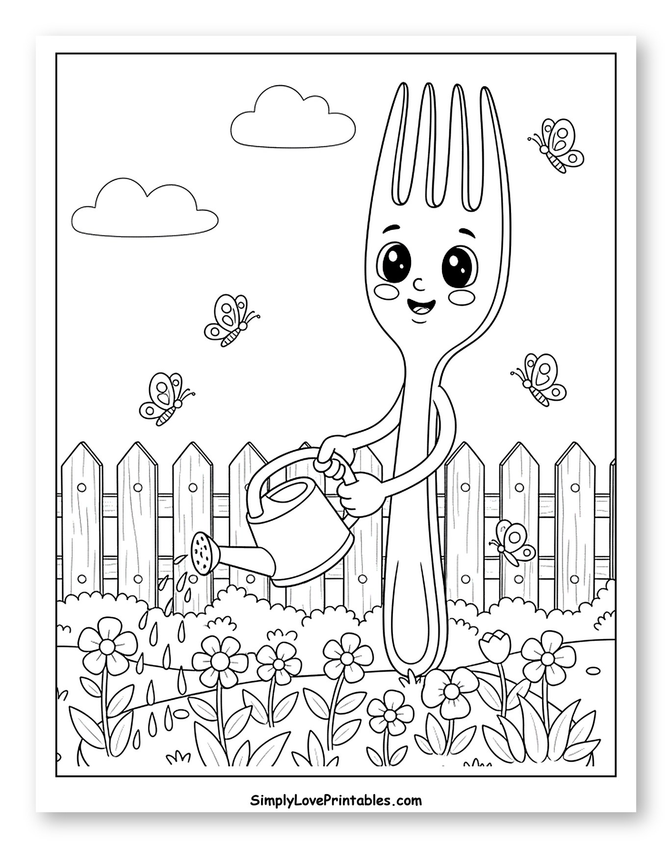 Happy Fork Watering Flowers in a Garden Coloring Sheet for Kids