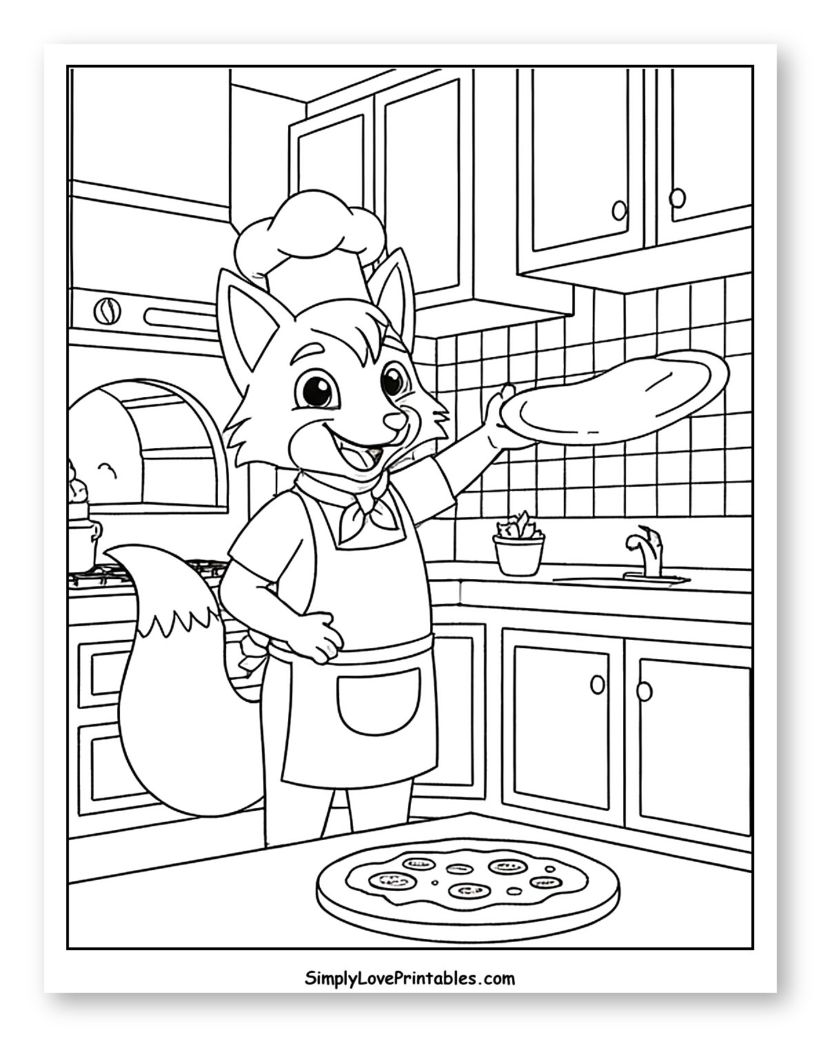 Happy Fox Chef Making Pizza to Color for Kids