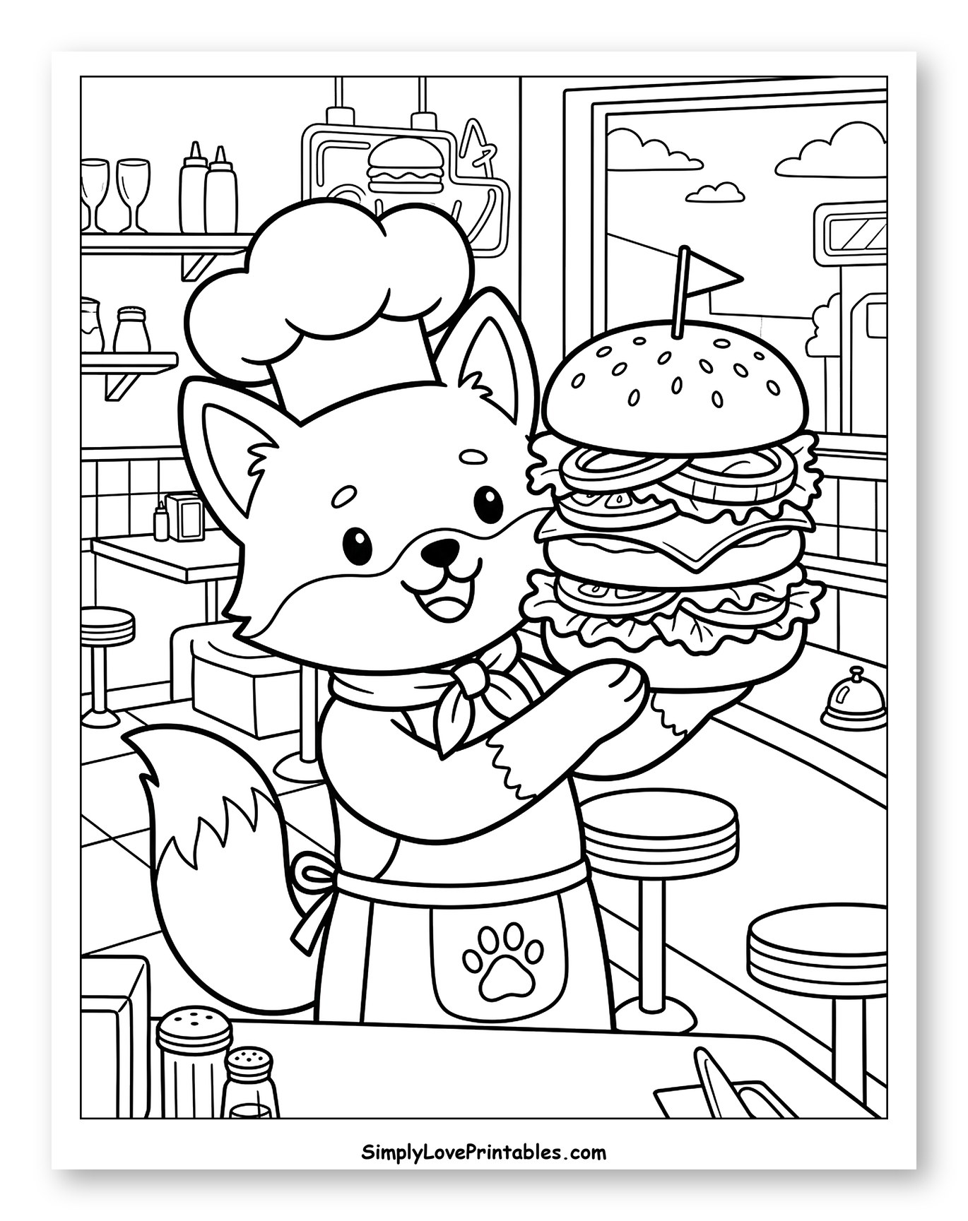 Happy Fox Chef Serving a Huge Burger Coloring Page for Kids