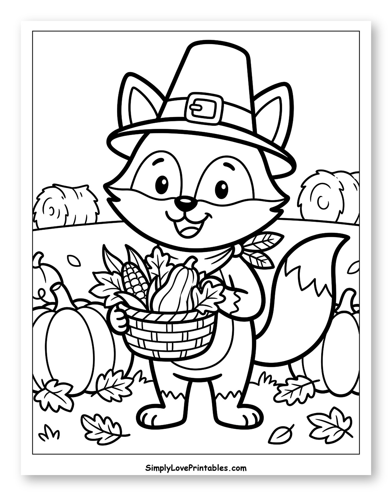 Happy Fox in Pilgrim Hat Holding Harvest Basket