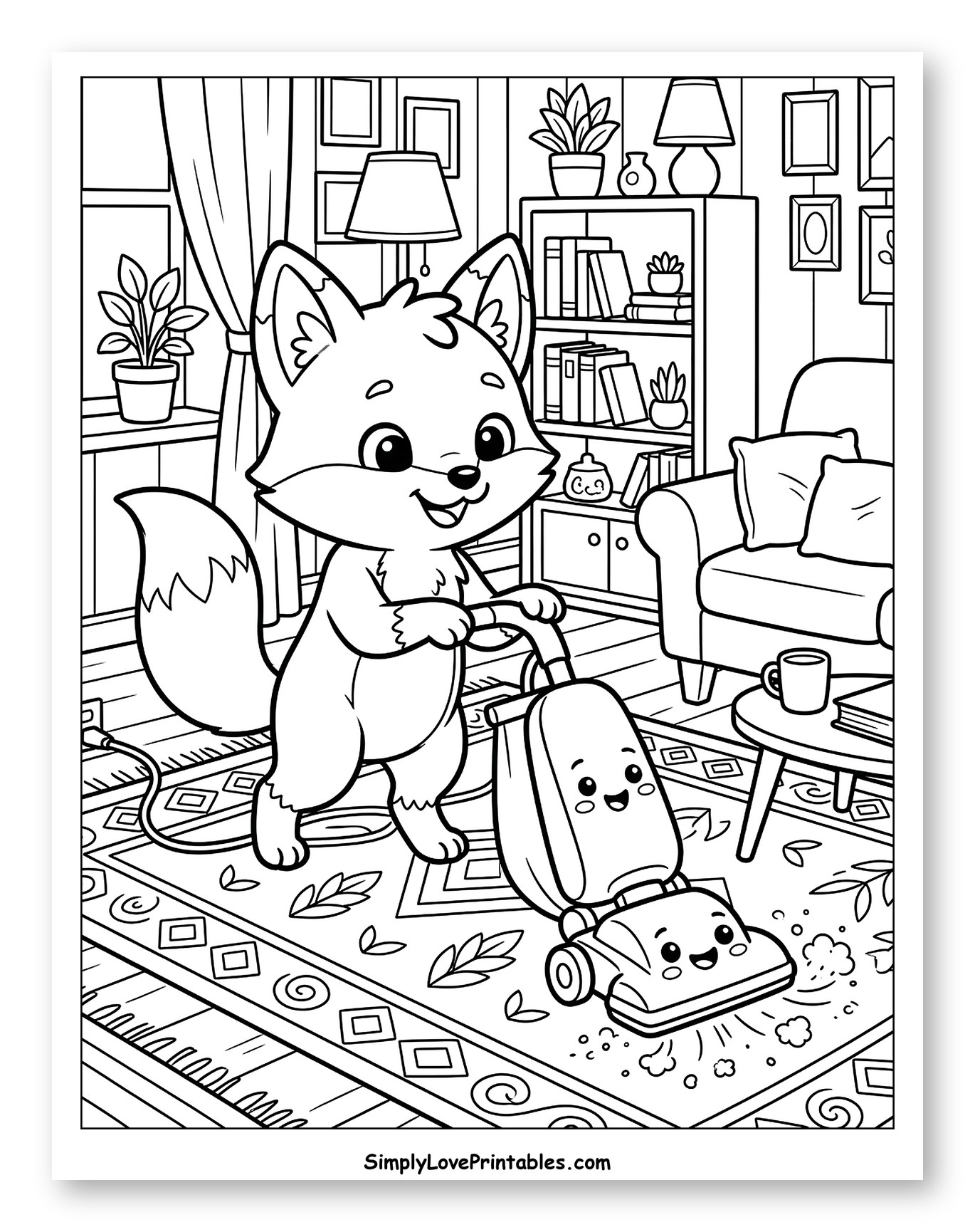 Happy Fox Vacuuming a Patterned Living Room Rug