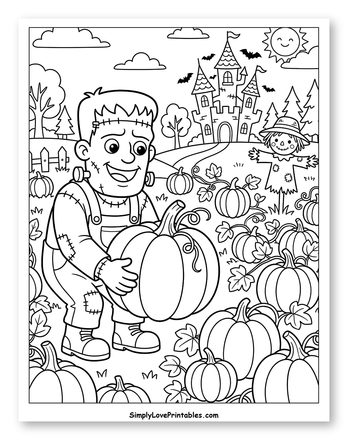 Happy Frankenstein Monster Harvesting Pumpkins in Patch