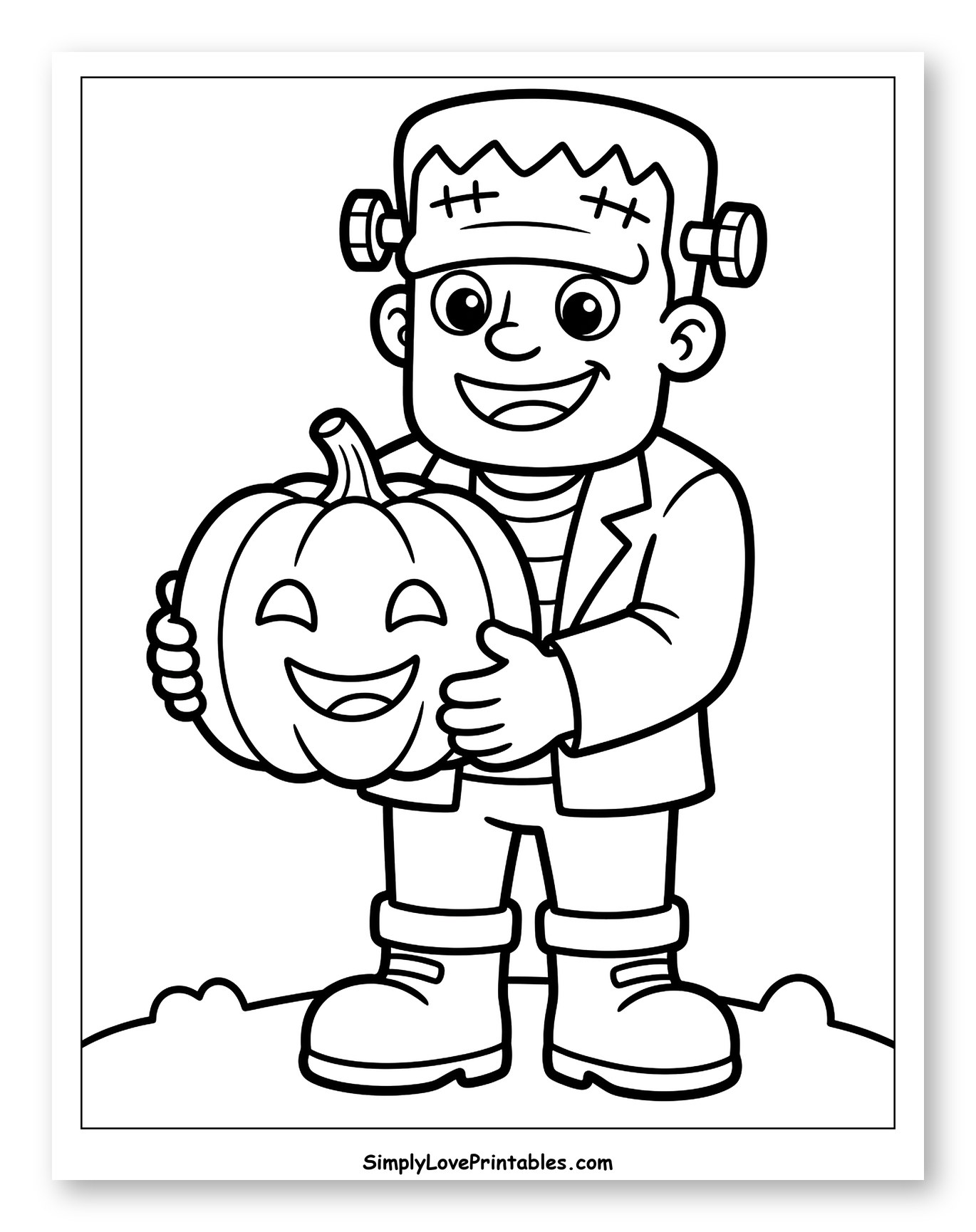 Happy Frankenstein Monster Holding Smiling Pumpkin