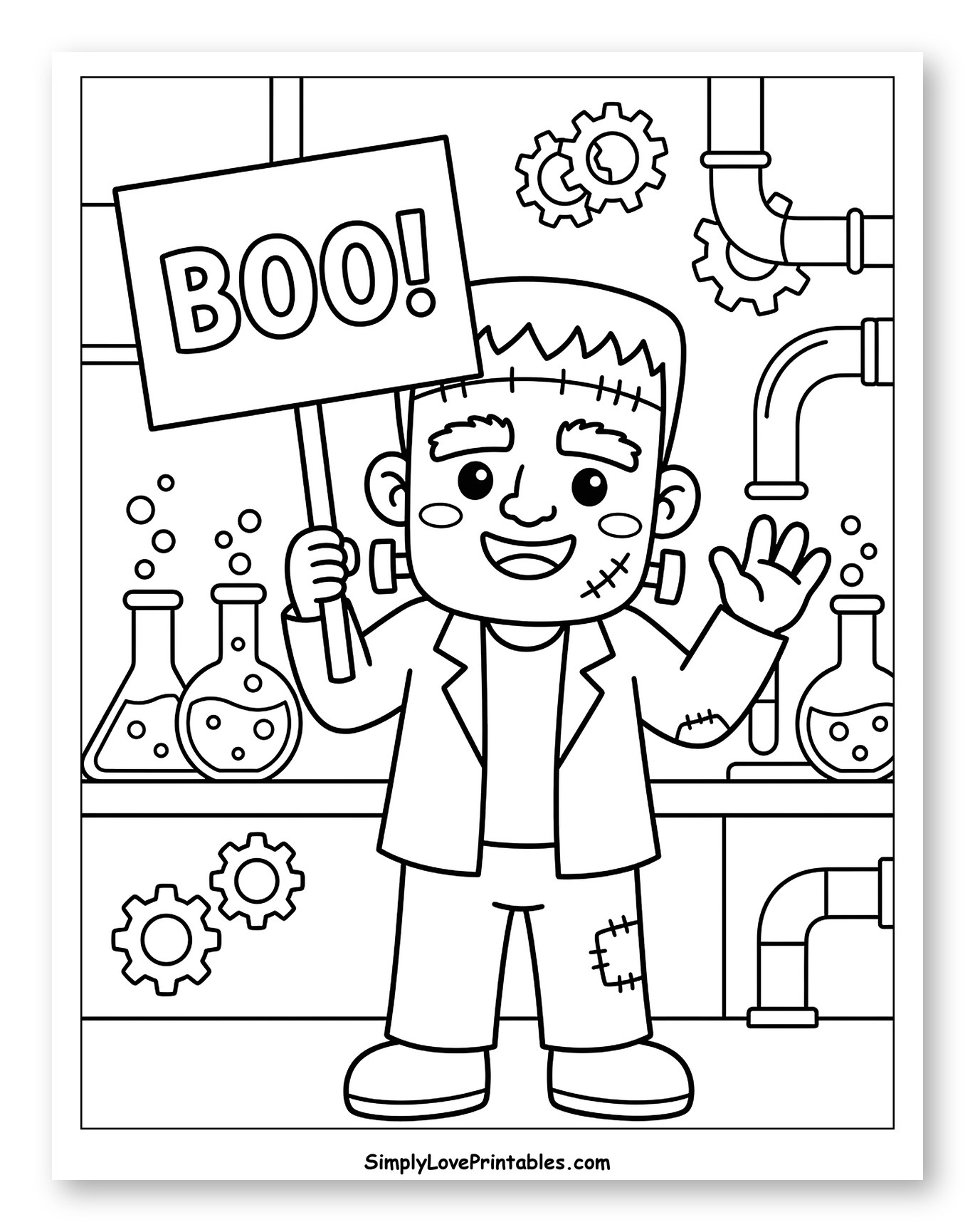 Happy Frankenstein Monster with "BOO!" Sign