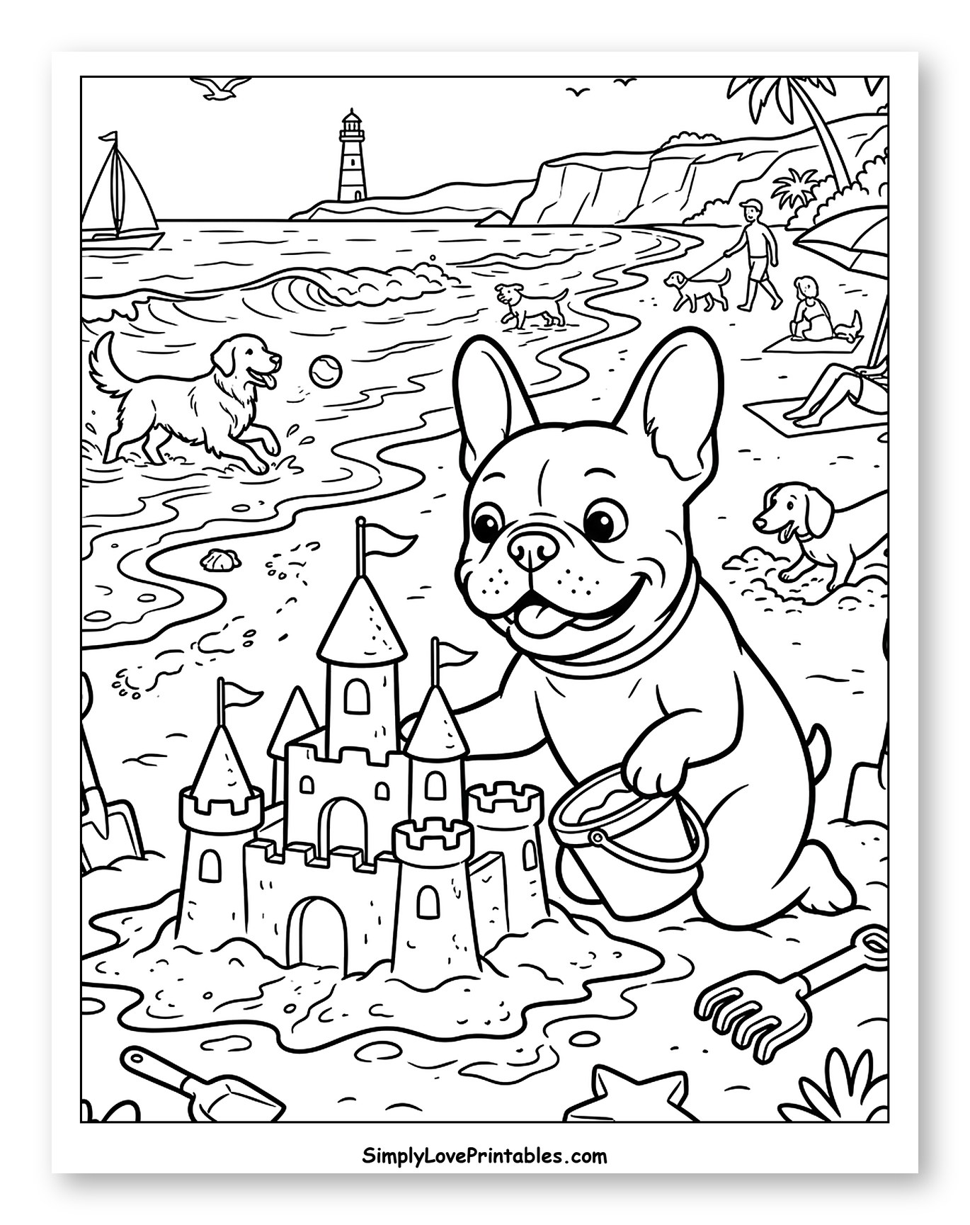 Happy French Bulldog Builds Sandcastle on Beach to Color for Kids