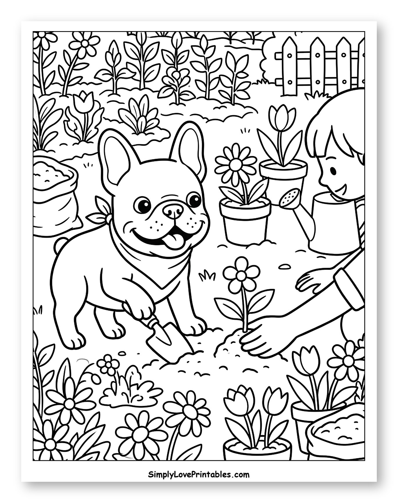 Happy French Bulldog Gardening with Friend Coloring Page for Kids