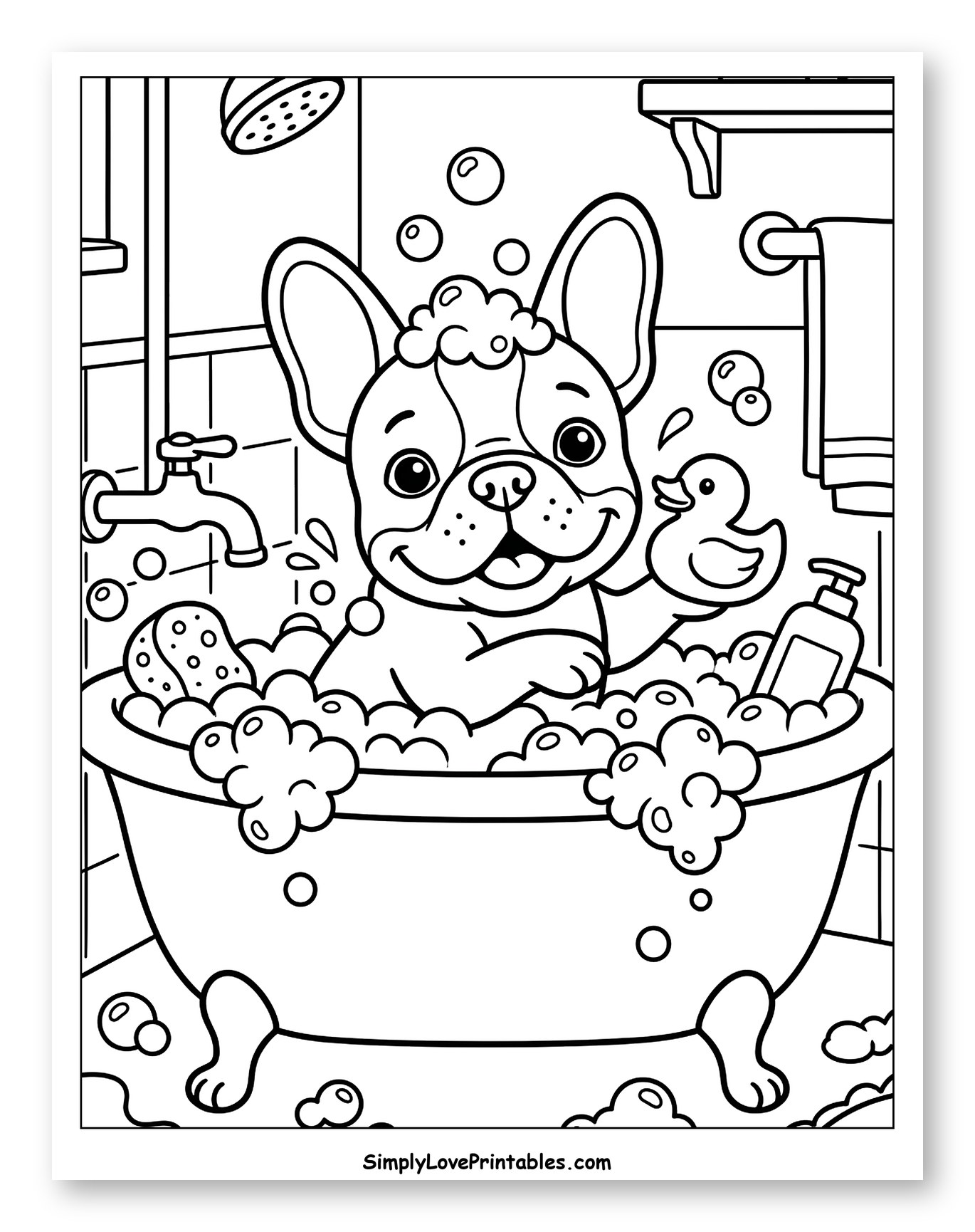 Happy French Bulldog in a Bathtub Coloring Page for Kids