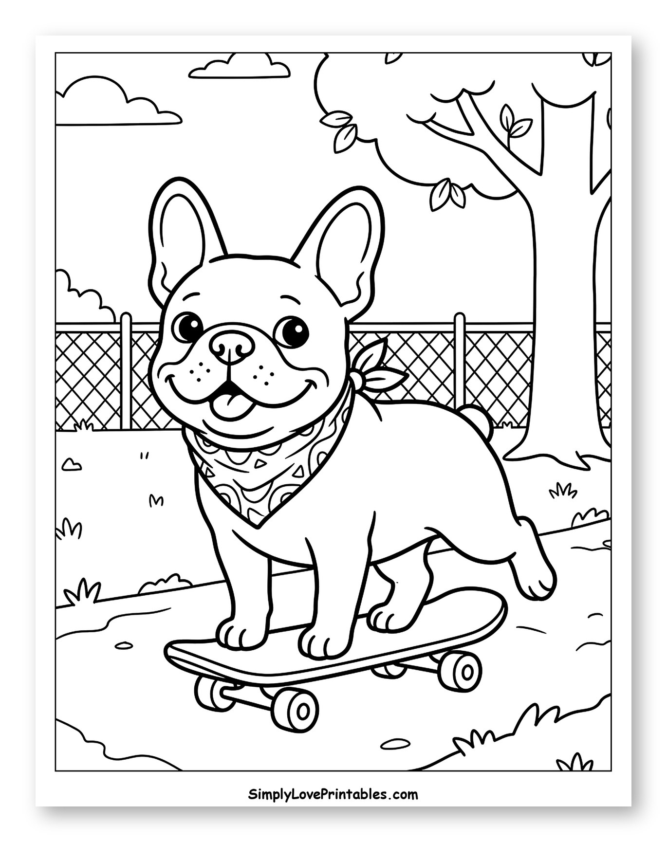 Happy French Bulldog on a Skateboard Coloring Sheet for Kids